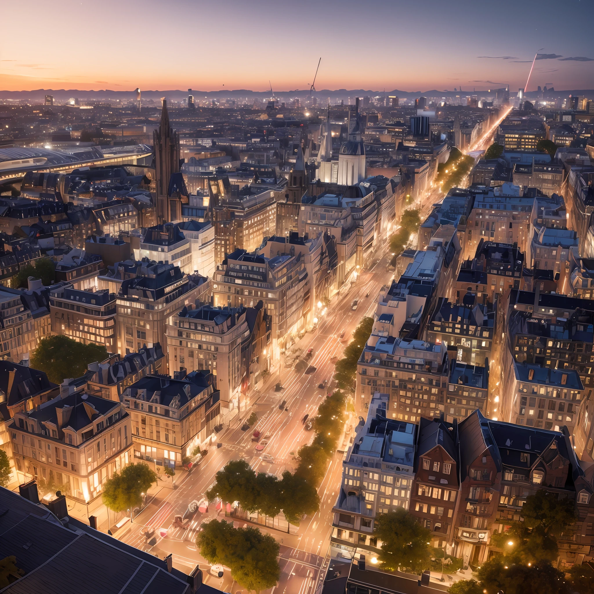 CG+Watercolor drawing, "London  + paris, pigeons up glare roofs, the old boulevard and the fire on the trees" Capture this magical moment in an intricate, high-quality illustration with attention to the smallest details and realistic shadows. Isometric 3D rendering using Octane Render and ray tracing will bring this magical ocean to life, “Lit cityscapes," “Starry skies," “Moonlit landscapes," “Night time portraits," “Long exposures." --auto
