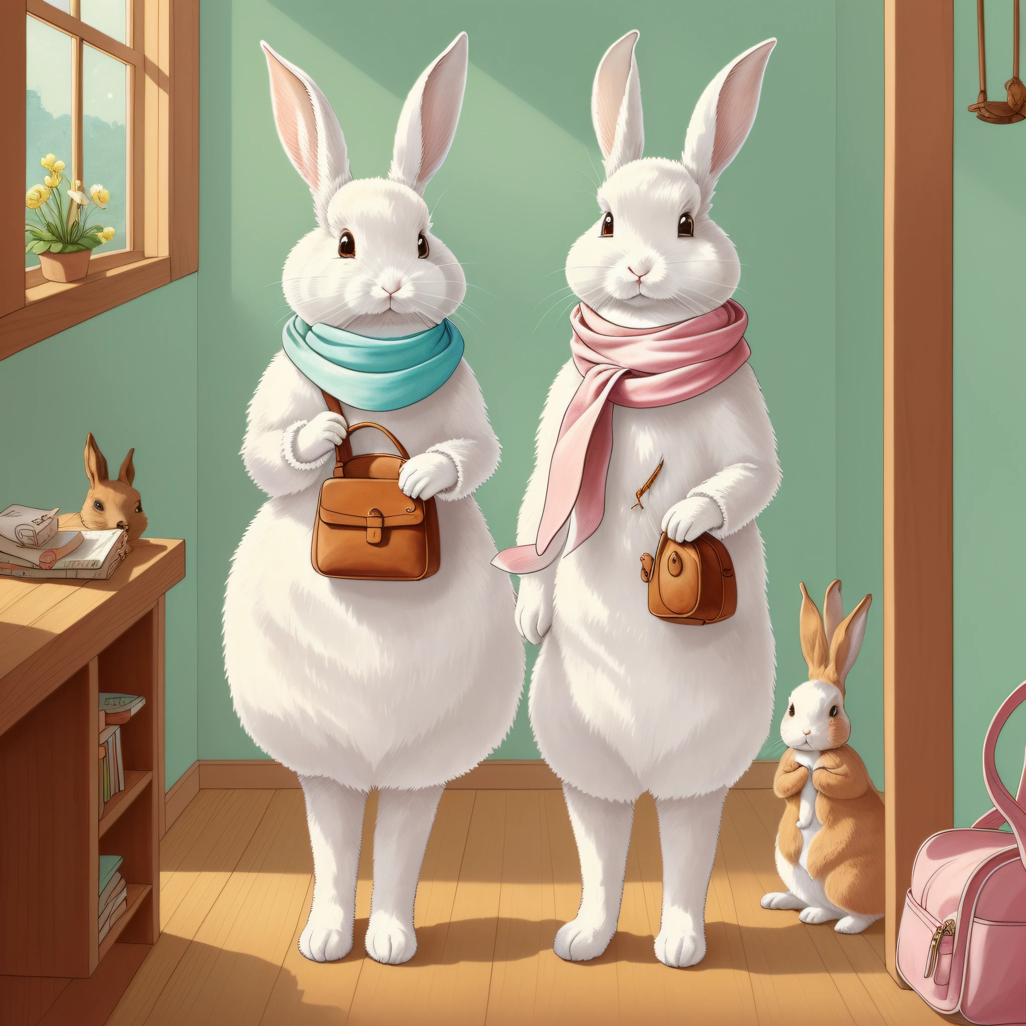 Children's Picture Book Illustration、Two White Rabbits、Two rabbits with a pink scarf around their necks and a light blue scarf around their necks、Anthropomorphic rabbit、Bipedal rabbit、Rabbit getting ready in a wooden house、Rabbit with leather bag、pitiable、Color Illustration