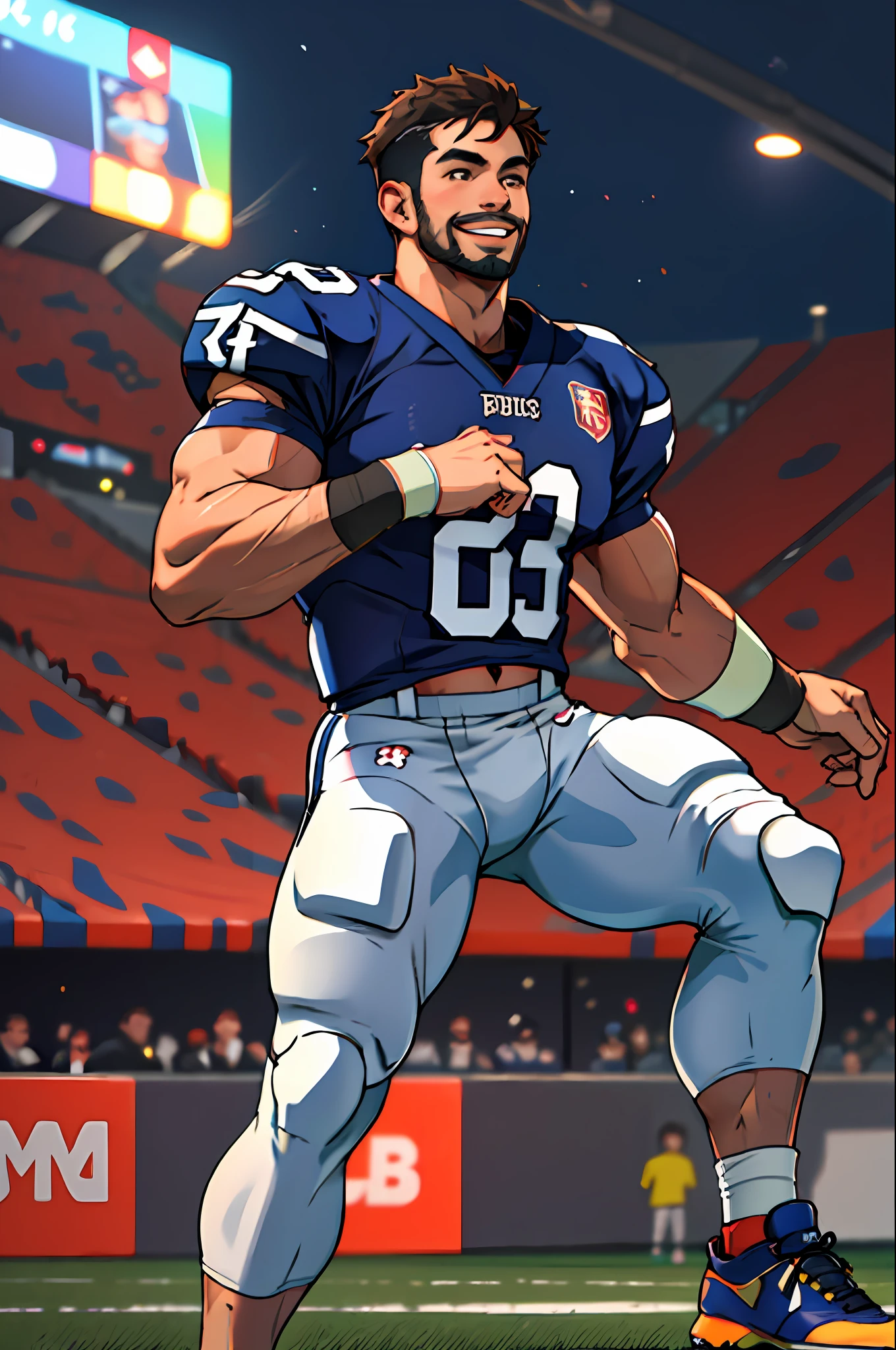 Best quality, masterpiece, ultra high res,detailed background,realistic,solo,male,mature,bara,muscular,short hair,facial hair,school,full body,football player,Football Field,sports,thick thighs,light smile,sneakers,depth of field,