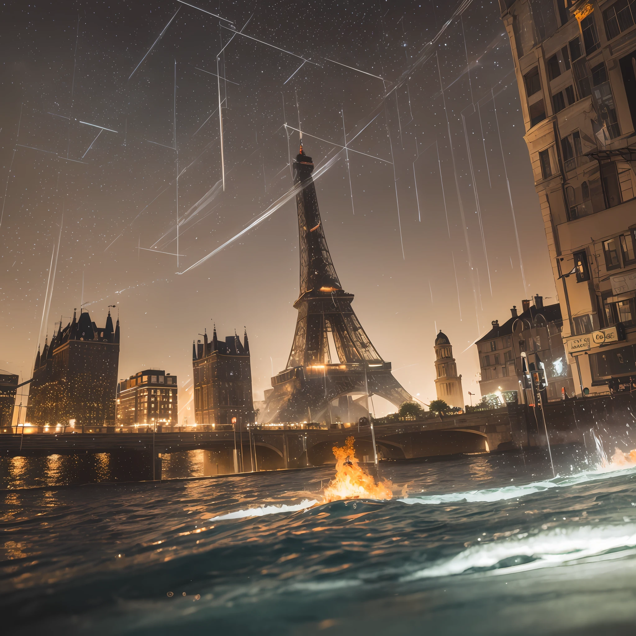 CG+Watercolor drawing, "London  + paris, pigeons up glare roofs, the old boulevard and the fire on the trees" Capture this magical moment in an intricate, high-quality illustration with attention to the smallest details and realistic shadows. Isometric 3D rendering using Octane Render and ray tracing will bring this magical ocean to life, “Lit cityscapes," “Starry skies," “Moonlit landscapes," “Night time portraits," “Long exposures." --auto