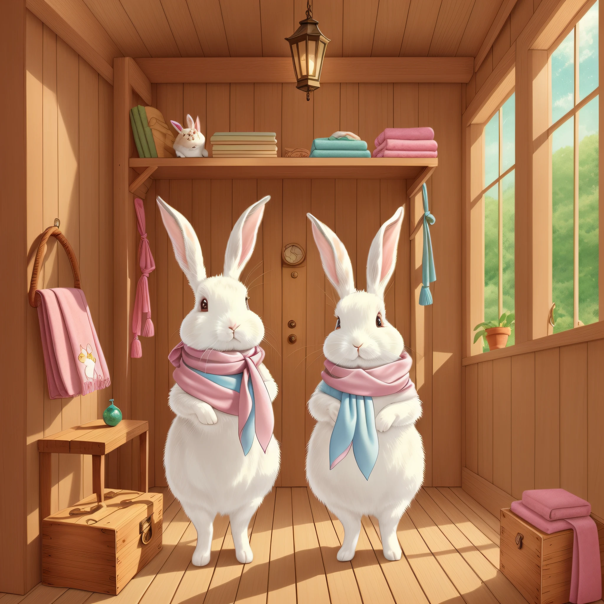 Children's Picture Book Illustration、Two White Rabbits、Two rabbits with a pink scarf around their necks and a light blue scarf around their necks、Anthropomorphic rabbit、Bipedal rabbit、Rabbit getting ready in a wooden house、Rabbit with leather bag、pitiable、Color Illustration