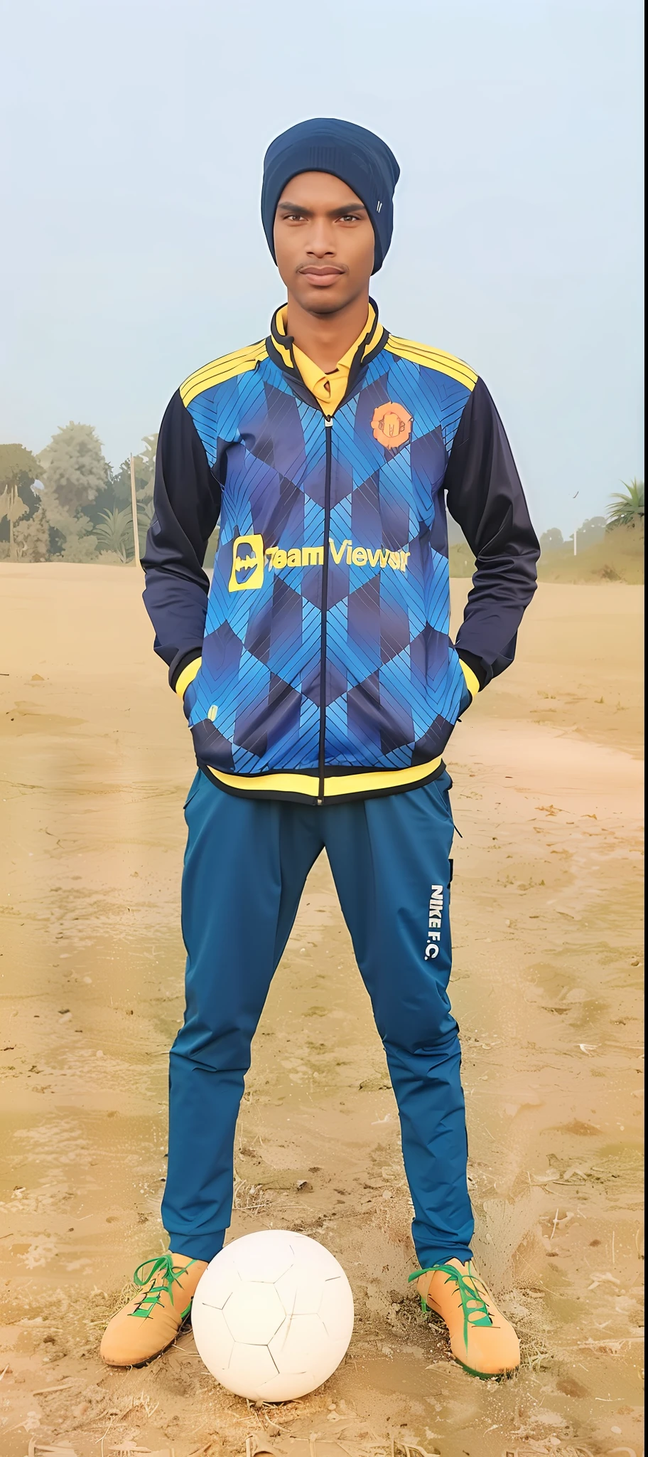 arafed man standing in a field with a soccer ball, wearing track and field suit, chappie in an adidas track suit, mohamed chahin style, 🕹️ 😎 🔫 🤖 🚬, full body photogenic shot, mohamed chahin, wearing a track suit, mid shot portrait, full body picture, 🤬 🤮 💕 🎀, with a cool pose morning view'