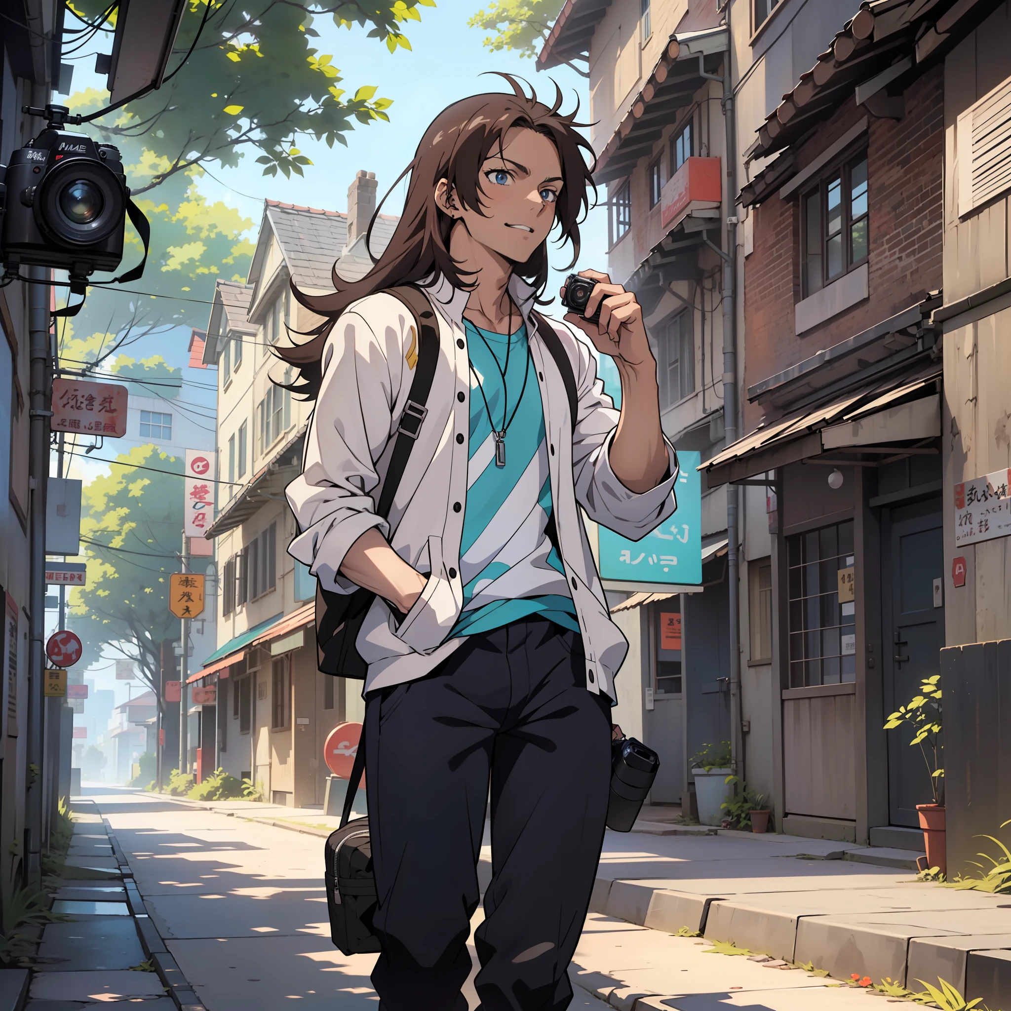 ((Masterpiece)), ((melhor qualidade)), ((estilo de perfil de anime)), ((HD 4k)), ((personagem de anime)), ((face masculina)), , tom de pele claro , Feliz, sorrir, olhos, sobrancelha, orelha, messy straight hair, moletom, background scenery, camera in the hands