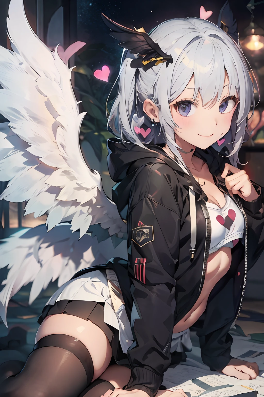 White hair. Long hair. Miniskirt. Parka. Earring. Angel wings. Heart-shaped vacant chest. Heart logo. A big smile. Inside the game center. White wings. Navel. Futomo. Navel out. Put on the hoodie hood.