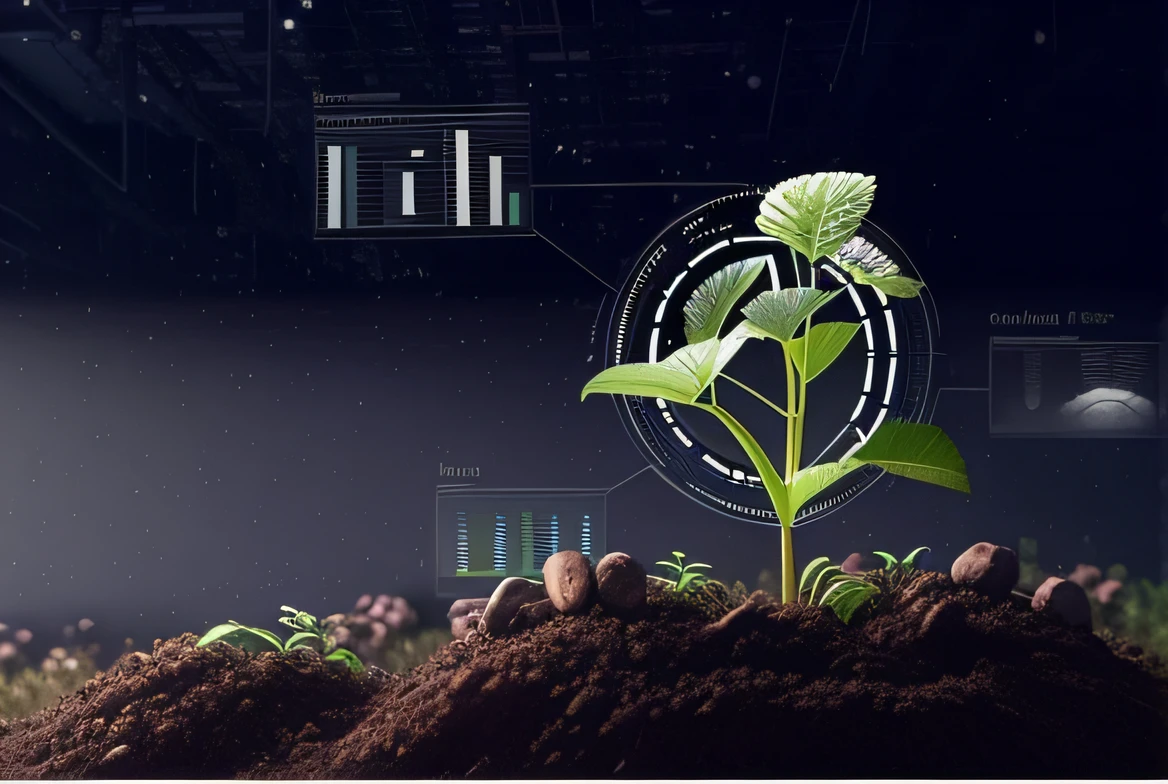 A plant that grows out of a pile of dirt,The background is a digital screen, the source of future growth, organic and robotic, organic growth, Sprouting, plants growing, accurate depiction, technology vs nature, green technology, ai biodiversity, background focus, growth, botanic, High Picture Quality, botanic, organics, futuristic technology, permaculture, biotechnology