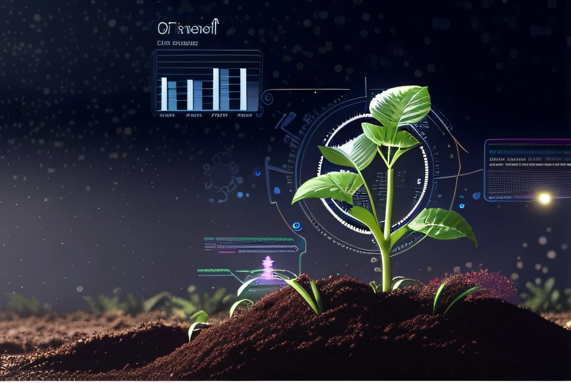 A plant that grows out of a pile of dirt，The background is a digital screen, the source of future growth, organic and robotic, organic growth, Sprouting, plants growing, accurate depiction, technology vs nature, green technology, ai biodiversity, background focus, growth, botanic, High Picture Quality, botanic, organics, futuristic technology, permaculture, biotechnology