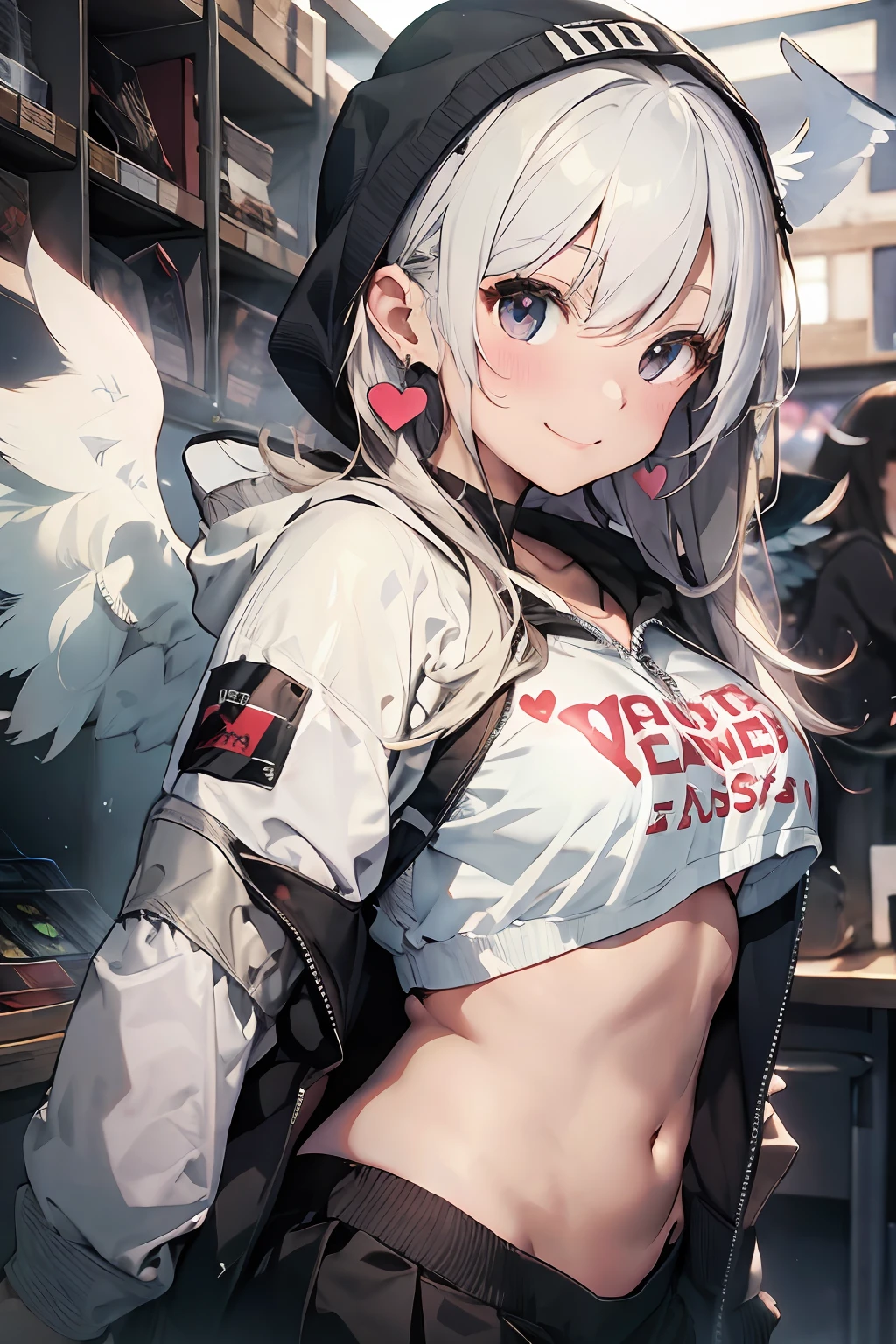 White hair. Long hair. Miniskirt. Parka. Earring. Angel wings. Heart-shaped vacant chest. Heart logo. A big smile. Inside the game center. White wings. Navel. Futomo. Navel out. Put on the hoodie hood.