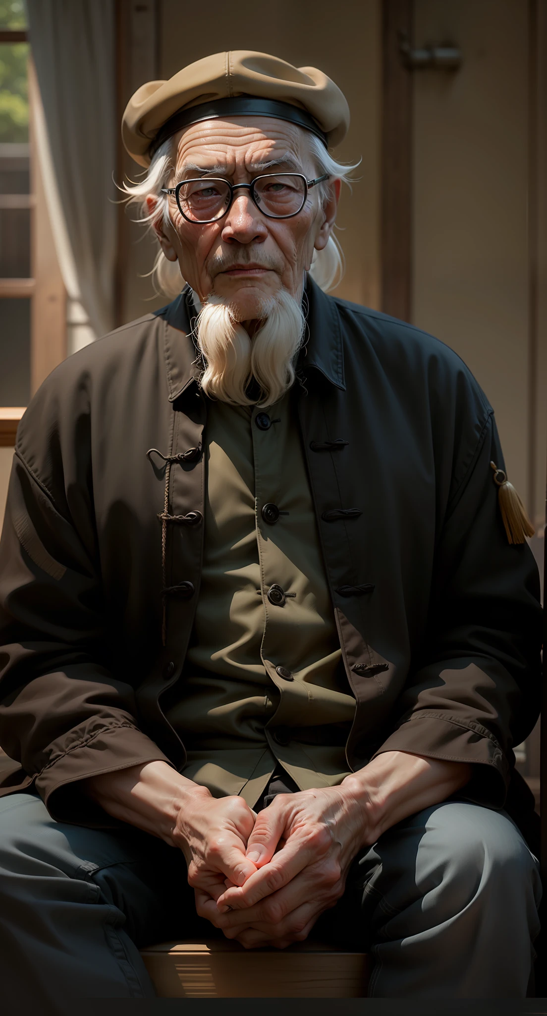 Eyes bigger,Fold your hands together,There are wrinkles,Old man of China,The face is amiable,The hat is a little older in black,super realism,8K