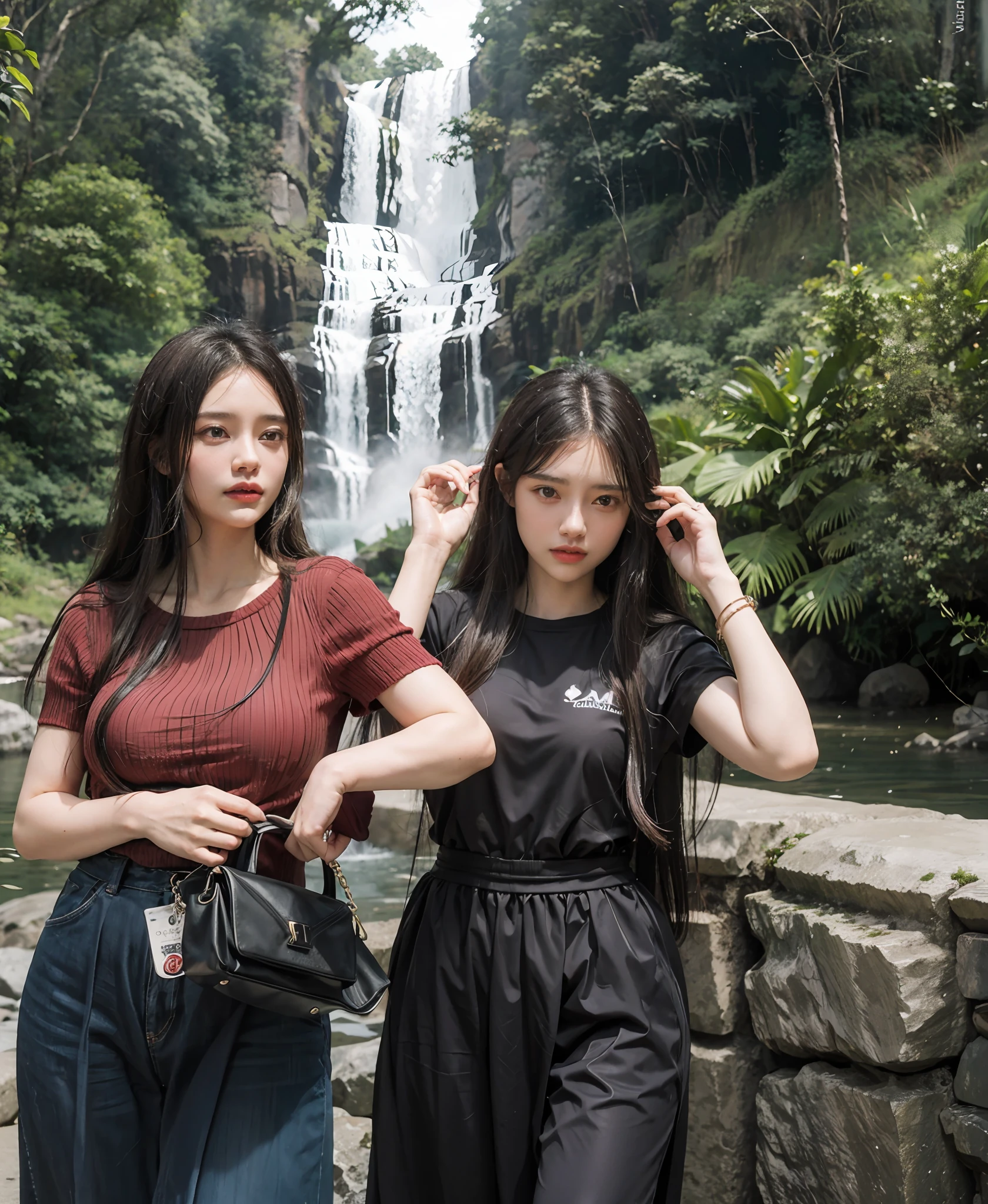 two women standing next to each other near a waterfall, waterfalls in the background, with waterfalls, with a waterfalls, waterfall in the background, next to a waterfall, waterfall in background, with trees and waterfalls, waterfall!!!!!, coban, standing near a waterfall, with waterfalls and river, waterfall, 📷 mungojerrie and rumpleteazer, by Cherryl Fountain