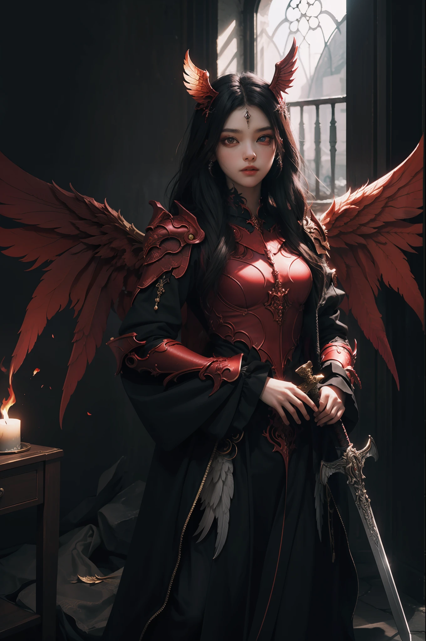 (extremely detailed CG unity 8k wallpaper,masterpiece, best quality, ultra-detailed, beautiful detailed eyes:1.2),best illumination, (best shadow, an extremely delicate and beautiful, bloom), 1gril,solo,red eyes,Heavy armor,long hair,holding sword,Angel wings,black wings,red jewelry,(big wings:1.4),Film filter,Satan, Hellfire,full body,demon,flame,