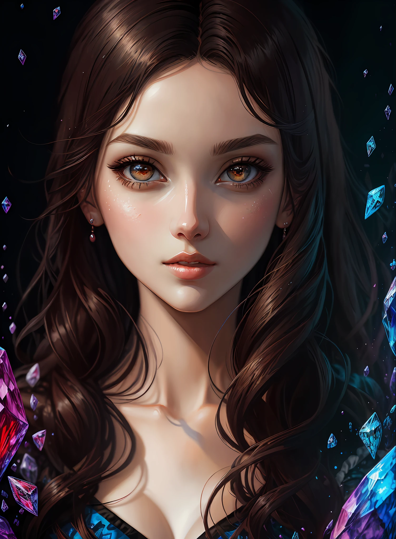 ((best qualiy)), ((The Masterpiece)), ((Realstic)), (full details),anime stile、 (a 1 woman)Close up portrait of cute woman with dark hair、Beautiful and moisturized eyes like crystal clear glass、Face without makeup、4K high-definition digital art、stunning digital illustration、Stunning 8K artwork、colorfull digital fantasy art、Colorful and bright、Beautiful digital artwork、Colorful Digital Painting、digital anime art、Portrait of beautiful and pretty woman、8K HD Digital Wallpaper Art、digitally painting