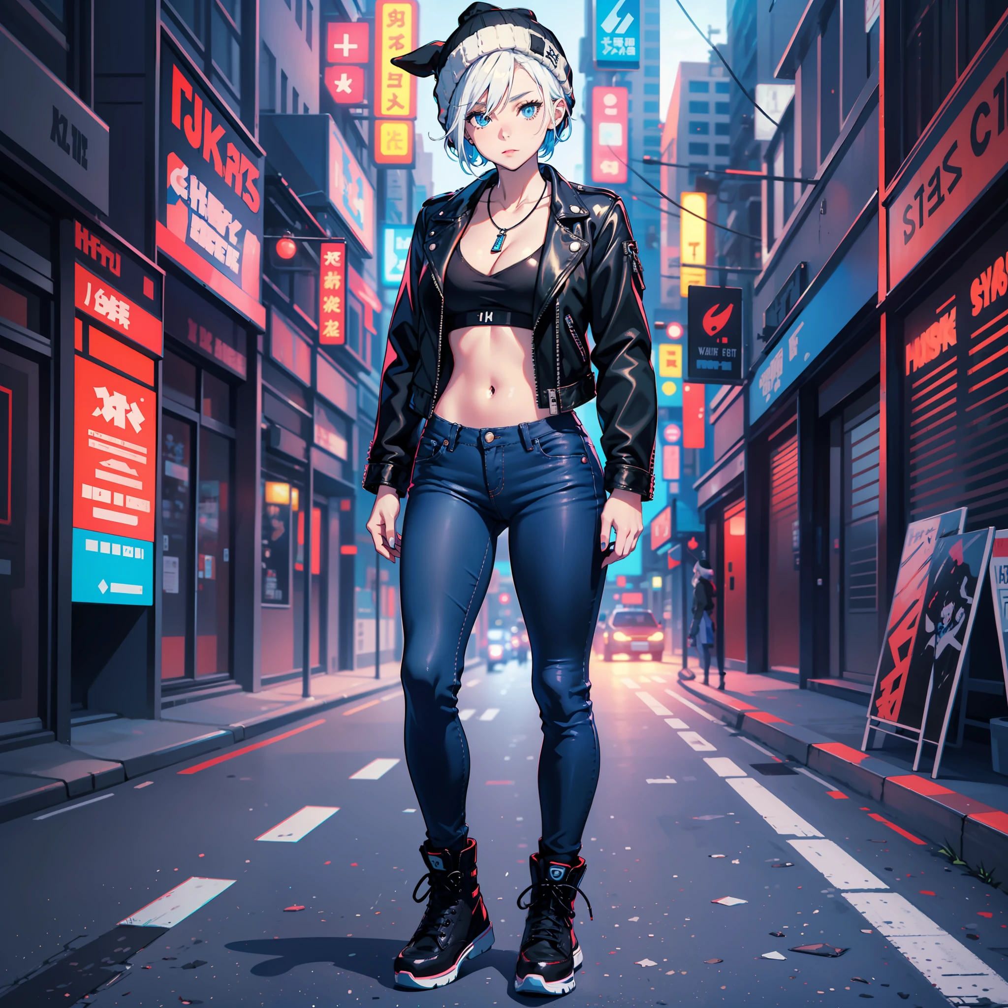 Anime girl with short white hair wearing a white beanie, wearing a blue necklace, blue eyes, wearing a black leather jacket, wear tight jeans, wearing punk accessories, Wearing black boots with blue laces, single character full body, full body portrait, anime full body, cyberpunk background