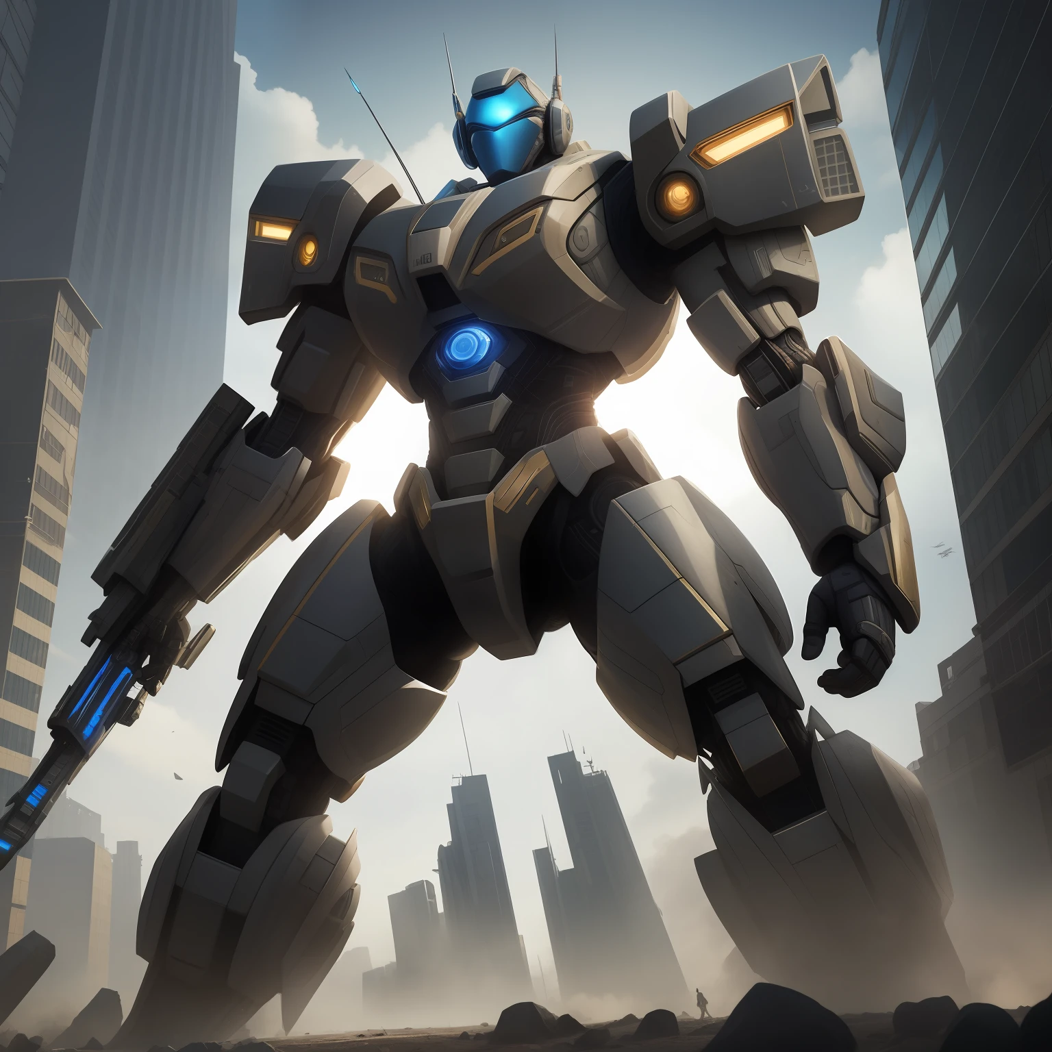 The Matrix style,Mecha protagonist,a beaut，tremendous big,[Ultra-realistic texture+hyper-realistic details+Grading of details]，Rough metallic texture,[artificial intelligence+hightech],Shocking action，light and shadow effect[deep+gorgeou],Magnificent aerial background, and Emb. jour