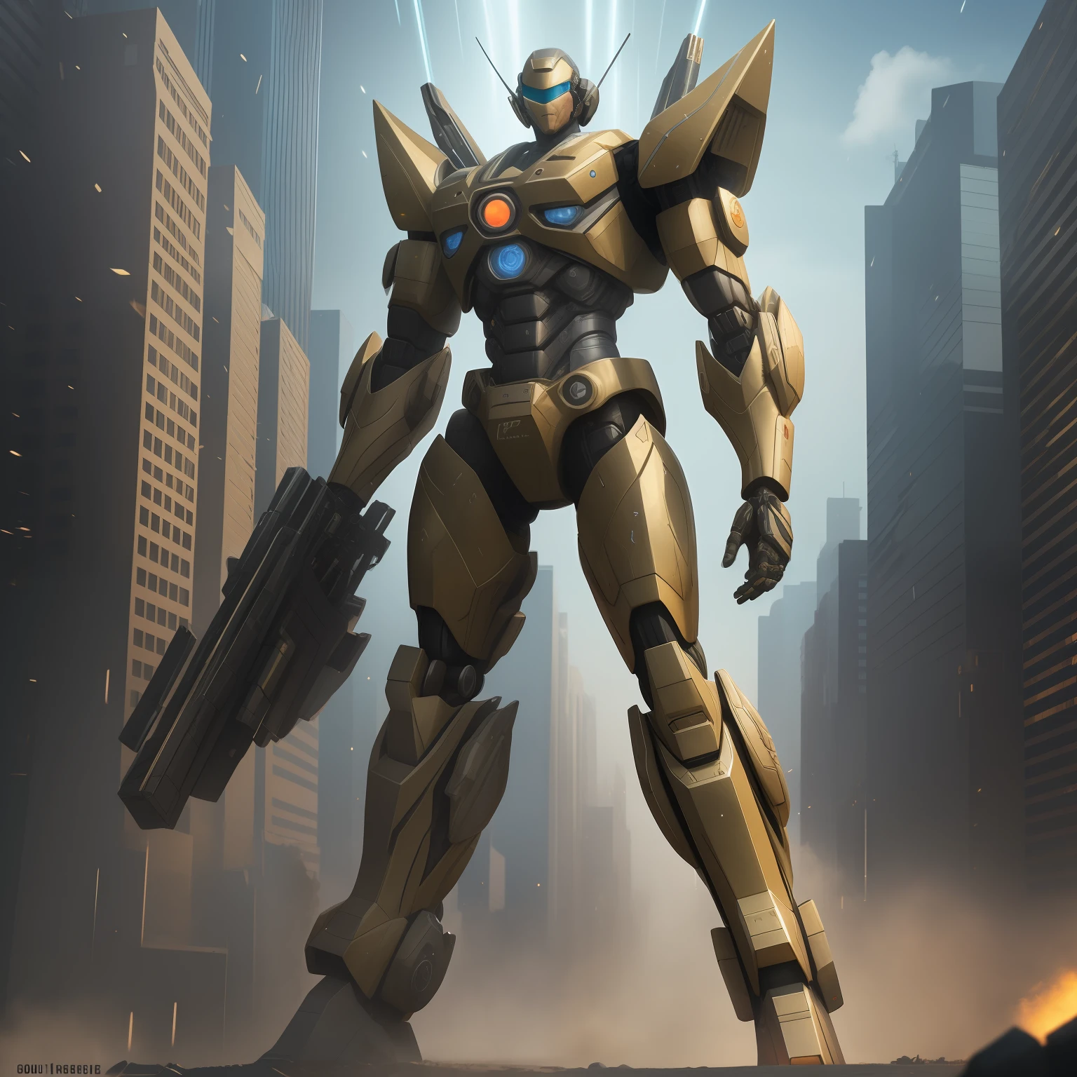 The Matrix style,Mecha protagonist,a beaut，tremendous big,[Ultra-realistic texture+hyper-realistic details+Grading of details]，Rough metallic texture,[artificial intelligence+hightech],Shocking action，light and shadow effect[deep+gorgeou],Magnificent aerial background, and Emb. jour