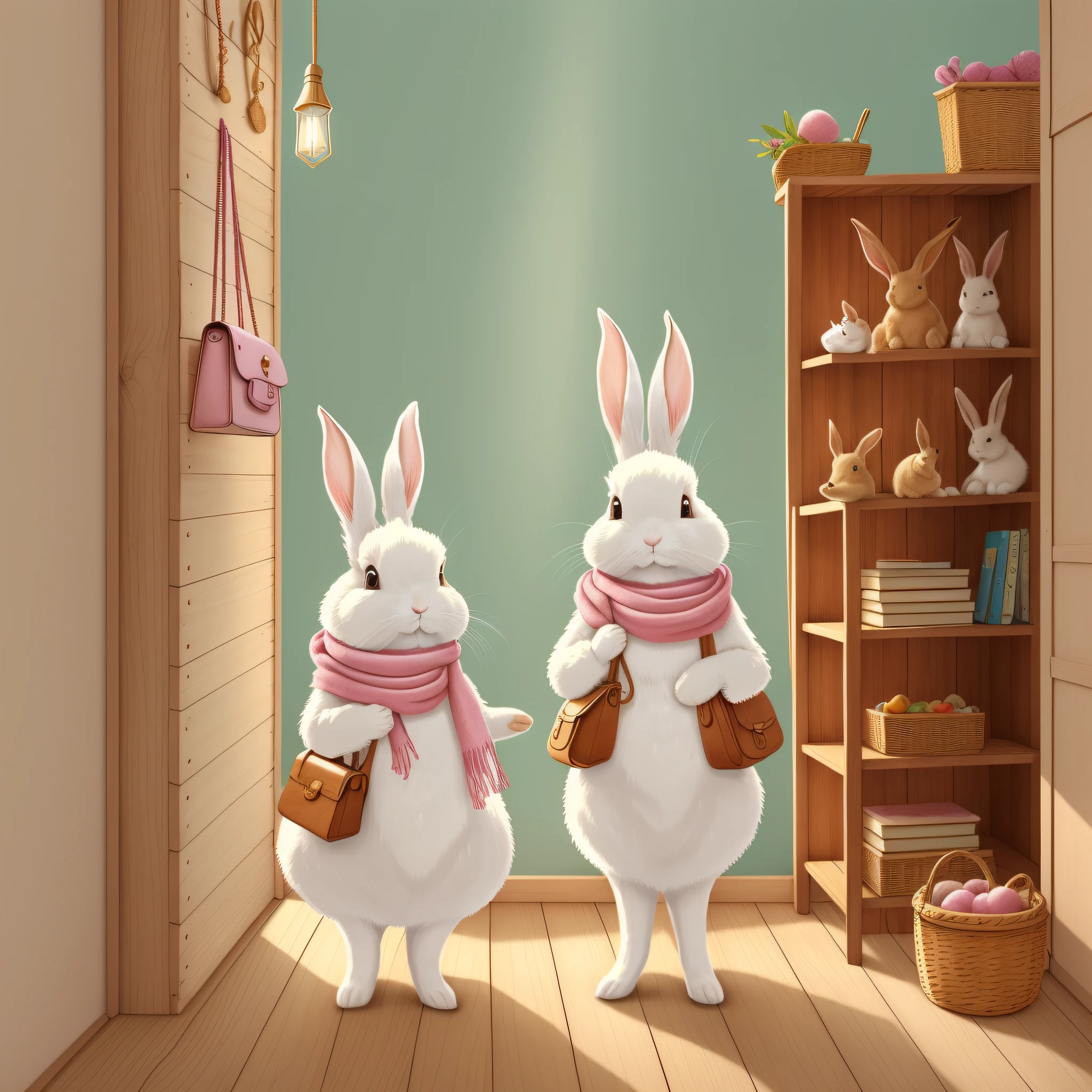 Children's Picture Book Illustration、Two White Rabbits、Two rabbits with a pink scarf around their necks and a light blue scarf around their necks、Anthropomorphic rabbit、Bipedal rabbit、Rabbit getting ready in a wooden house、Rabbit with leather bag、pitiable、Color Illustration