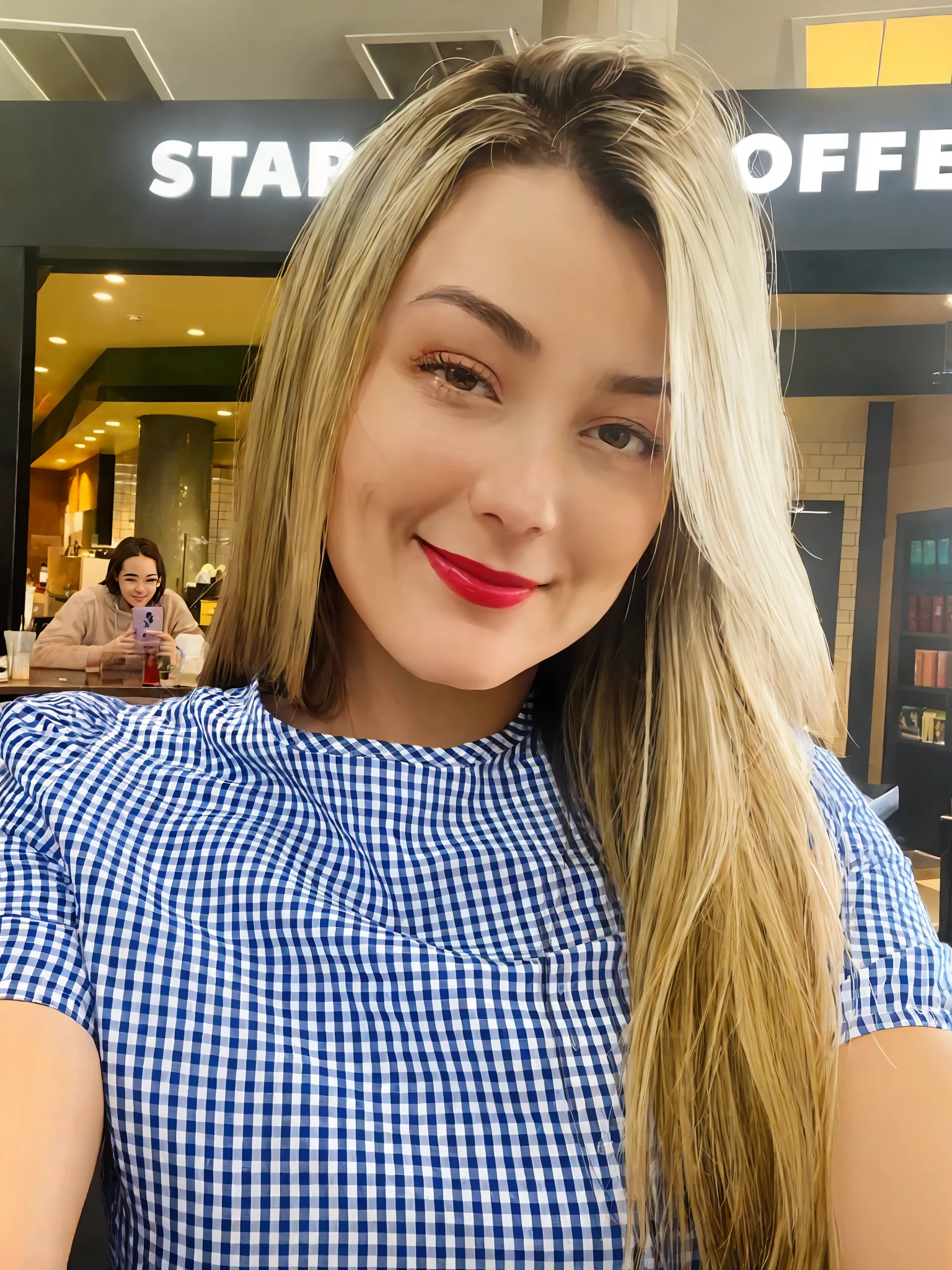 mulher com longos cabelos loiros e vestido xadrez azul e branco sorrindo, selfie de uma jovem mulher, Fotografia selfie 8k, ๐คฌ ๐คฎ ๐ ๐, iphone selfie, selfie shot straight on angle, imagem de perfil, Directed by: Nandor Soldier, selfie do instagram, cheeky smile with red lips, ๐ ๐ ๐ ๐, ๐ญ ๐คฎ ๐ ๐