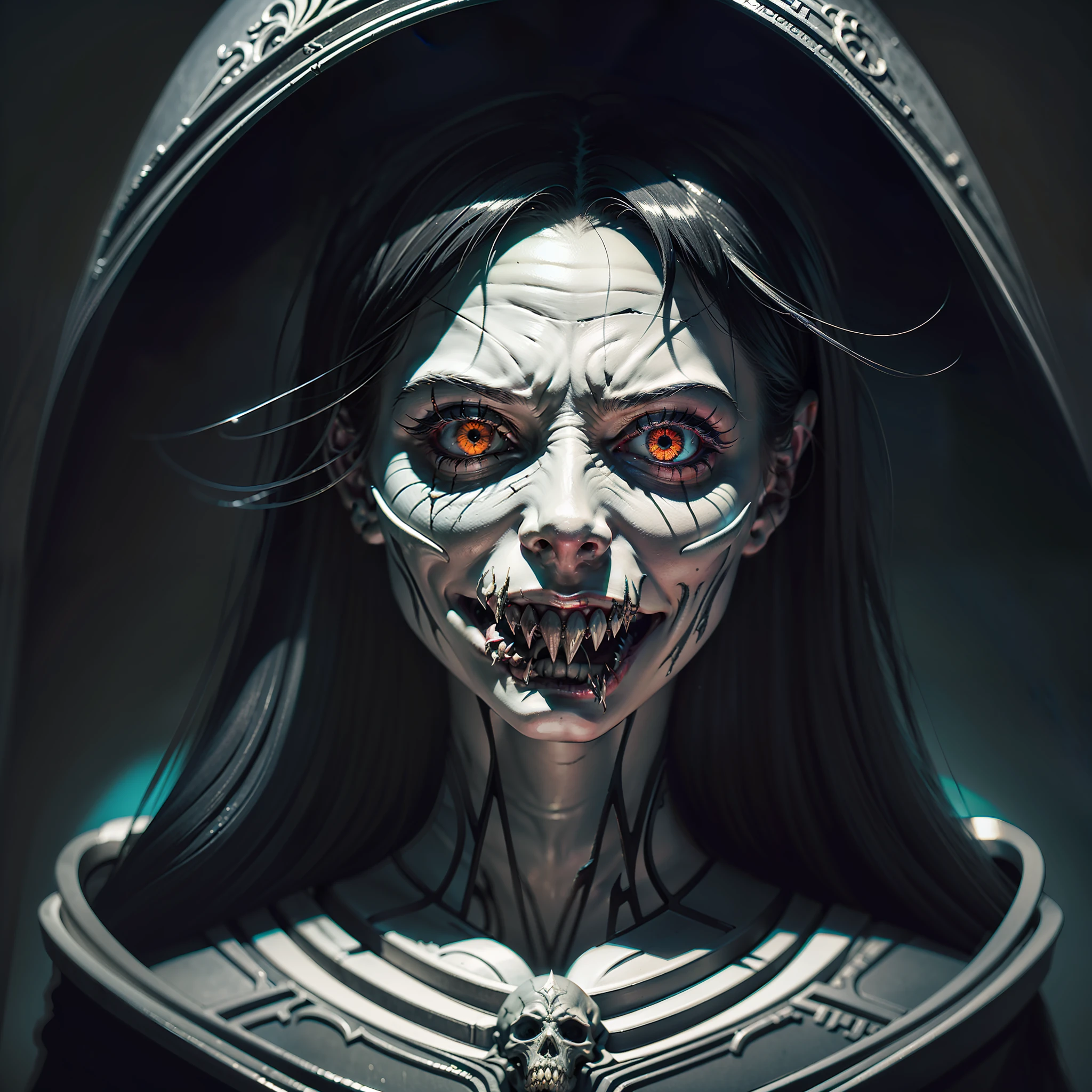 color illustration of a creepy horror woman with horrifying features, captured with dark colors and high contrast to convey a sense of fear and unease. The illustration features a woman with grotesque features, such as elongated limbs, sharp fangs, and glowing eyes. She is surrounded by an aura of darkness and malevolence, adding to the sense of terror and danger. The overall style is highly detailed, with intricate linework and stylized design that emphasizes the horror and fantasy genres. — Guillermo del Toro, H.R. Giger, Stephen King, Alexander McQueen, Rick Owens —c 10 —ar 2:3