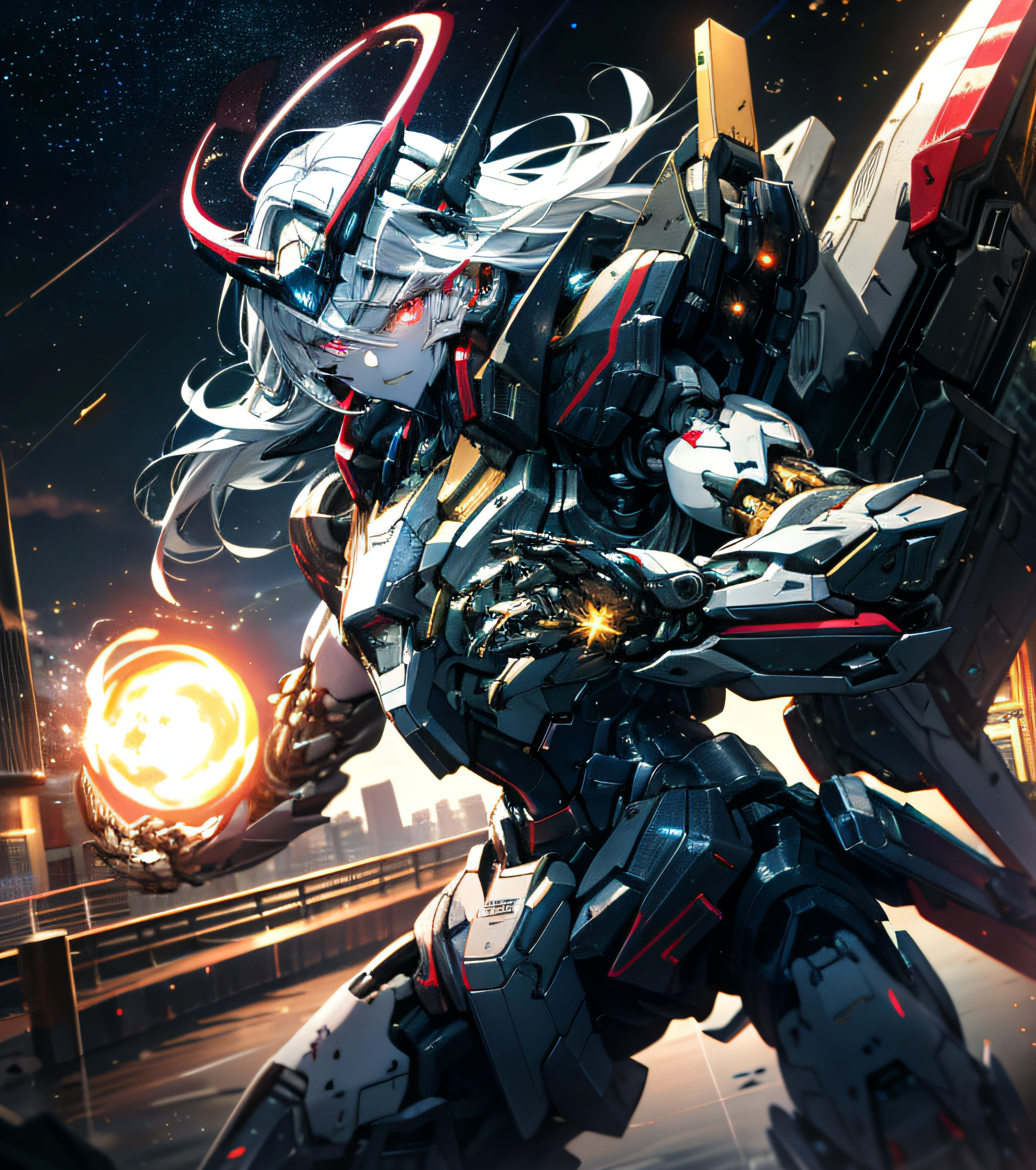 masterpiece,best quality,ultra-detailed,very detailed illustrations,extremely detailed,intricate details,highres,super complex details,extremely detailed 8k cg wallpaper,cowboy shot, caustics,reflection,ray tracing,demontheme,nebula,dark aura,cyber effect, (1girl:1.4),solo,alone,mecha musume,mechanical parts, robot joints,single mechanical arm, headgear, mechanical halo,star halo,intricate mechanical bodysuit, mecha corset, full armor, very long hair,white hair, hair between eyes, multicolored hair, colored inner hair, red eyes,glowing eye,eye trail, random expressions,random action, ancient japanese architecture,pond, starry sky,skyline,