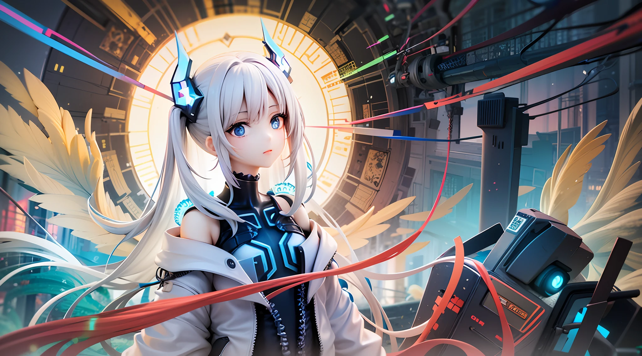 1girls, Electronic blue color, whited , Pastel colors、Bright atmosphere、Machine Man、White hair、Futuristic atmosphere、Despressing、white eyes、Longhaire、Exposed、the body is connected by a cable、Slender body, Upper body, headgear, machine wings, the universe, The god Machines