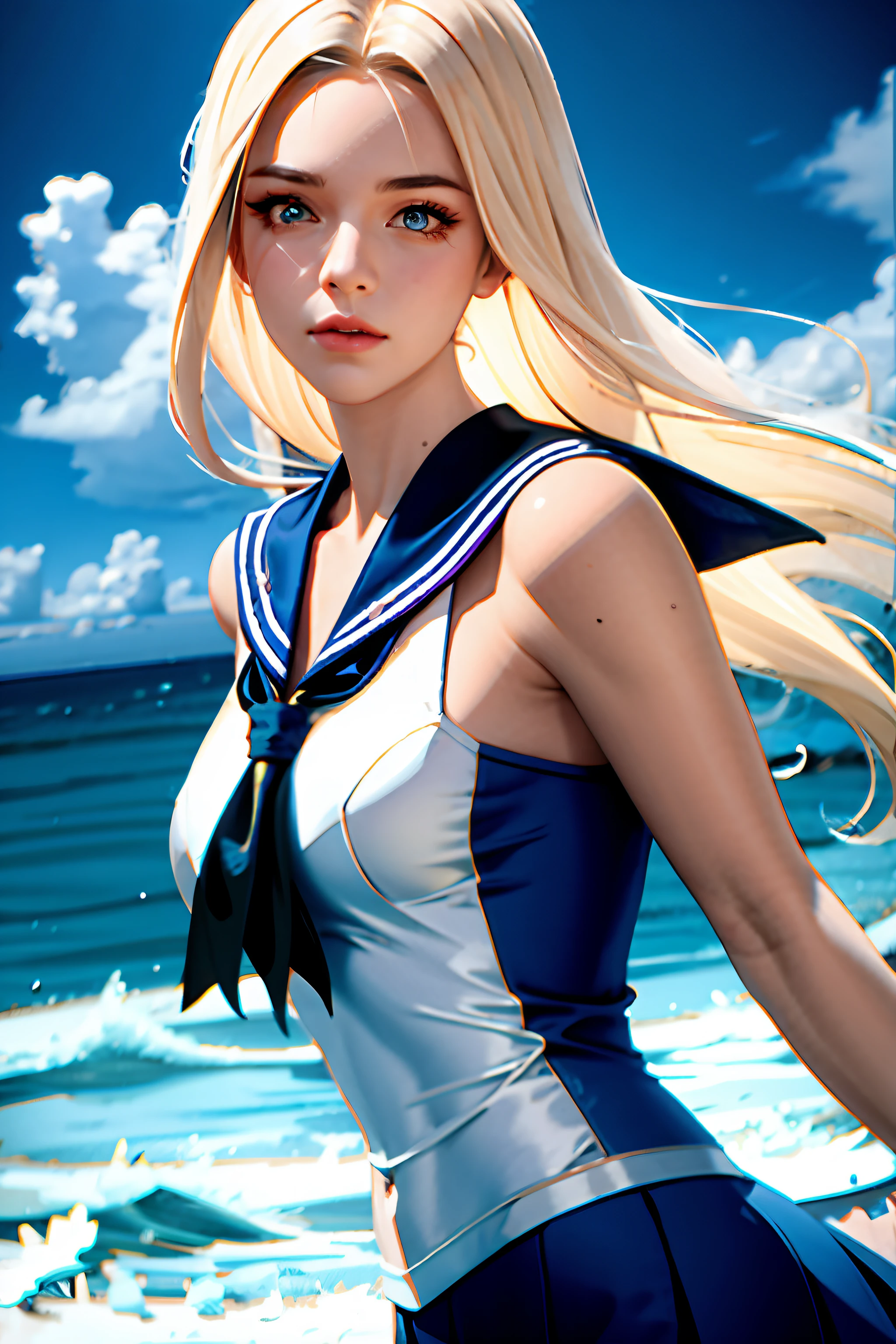 /imagine prompt: A stunning and breathtaking 8k Octane render of a beautiful blonde girl wearing a sailor outfit, featuring intricate details and a realistic finish. The girl should be depicted as a stunning and charming sailor, with flowing blonde hair and delicate features. The sailor outfit should be depicted as a classic and iconic nautical style, with a focus on navy blue and white colors that create a sense of freshness and purity. The environment should be depicted as a beautiful and serene ocean backdrop, with a focus on warm and natural colors that create a sense of calm and tranquility. The lighting should be soft and natural, highlighting the girl's features and creating a sense of warmth and beauty. The pose should be elegant and graceful, conveying a sense of poise and confidence. The final output should be a masterpiece of 8k Octane rendering, capturing the essence of the girl's beauty and grace in her sailor outfit, and evoking a sense of awe and wonder in the viewer. —c 10 —ar 2:3