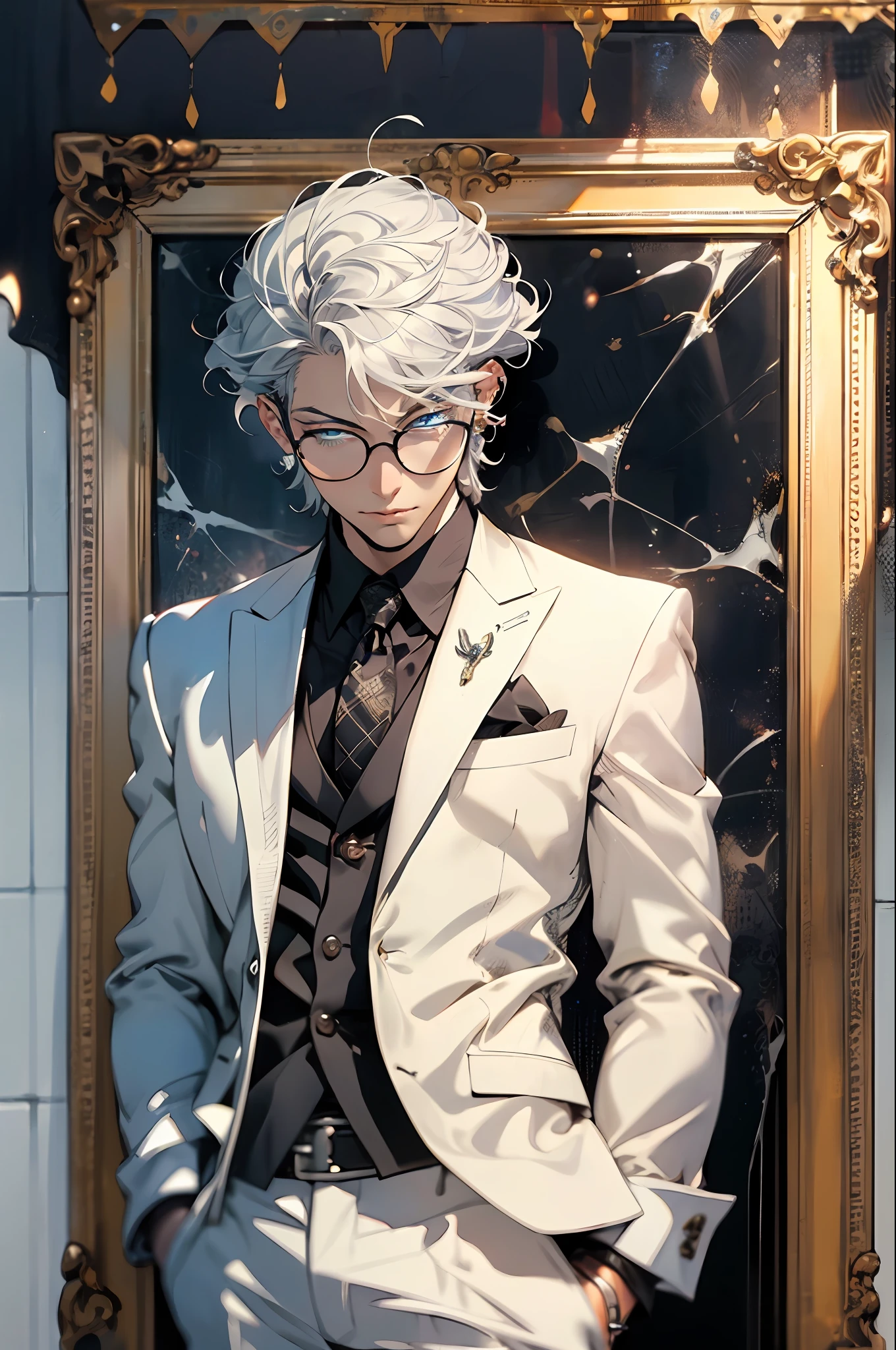 Lifelike,(The Masterpiece,Top quality,best qulity,officlal art),very details,Colorful,Most detailed,God,Blue eyes,Short silver hair,Silvery hair,Wearing glasses,Black gorgeous suit,Handsome man,gargantilha,pure white background