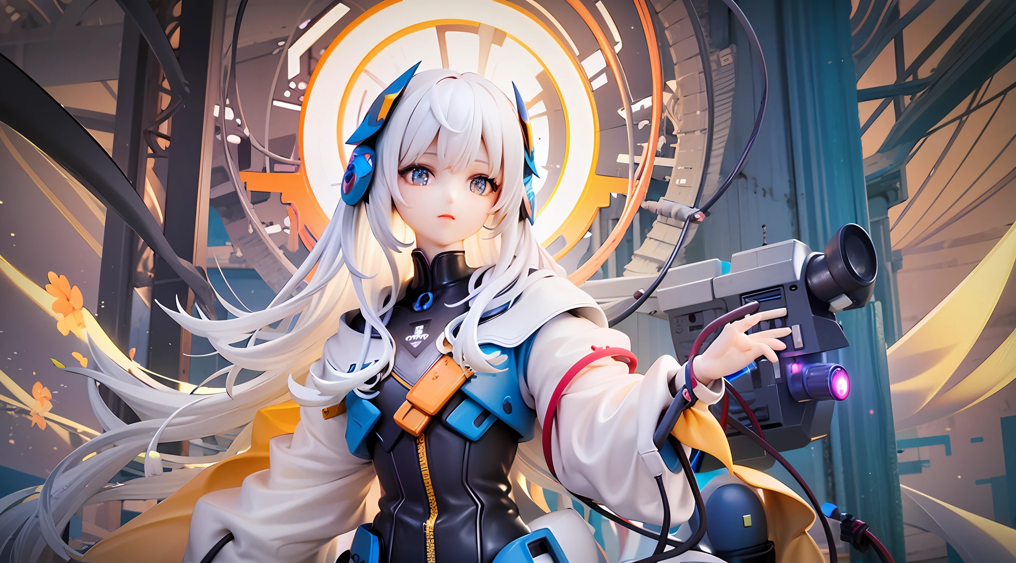 1girls, Electronic blue color, whited , Pastel colors、Bright atmosphere、Machine Man、White hair、Futuristic atmosphere、Despressing、white eyes、Longhaire、Exposed、the body is connected by a cable、Slender body, Upper body, headgear, machine wings, the universe, The god Machines
