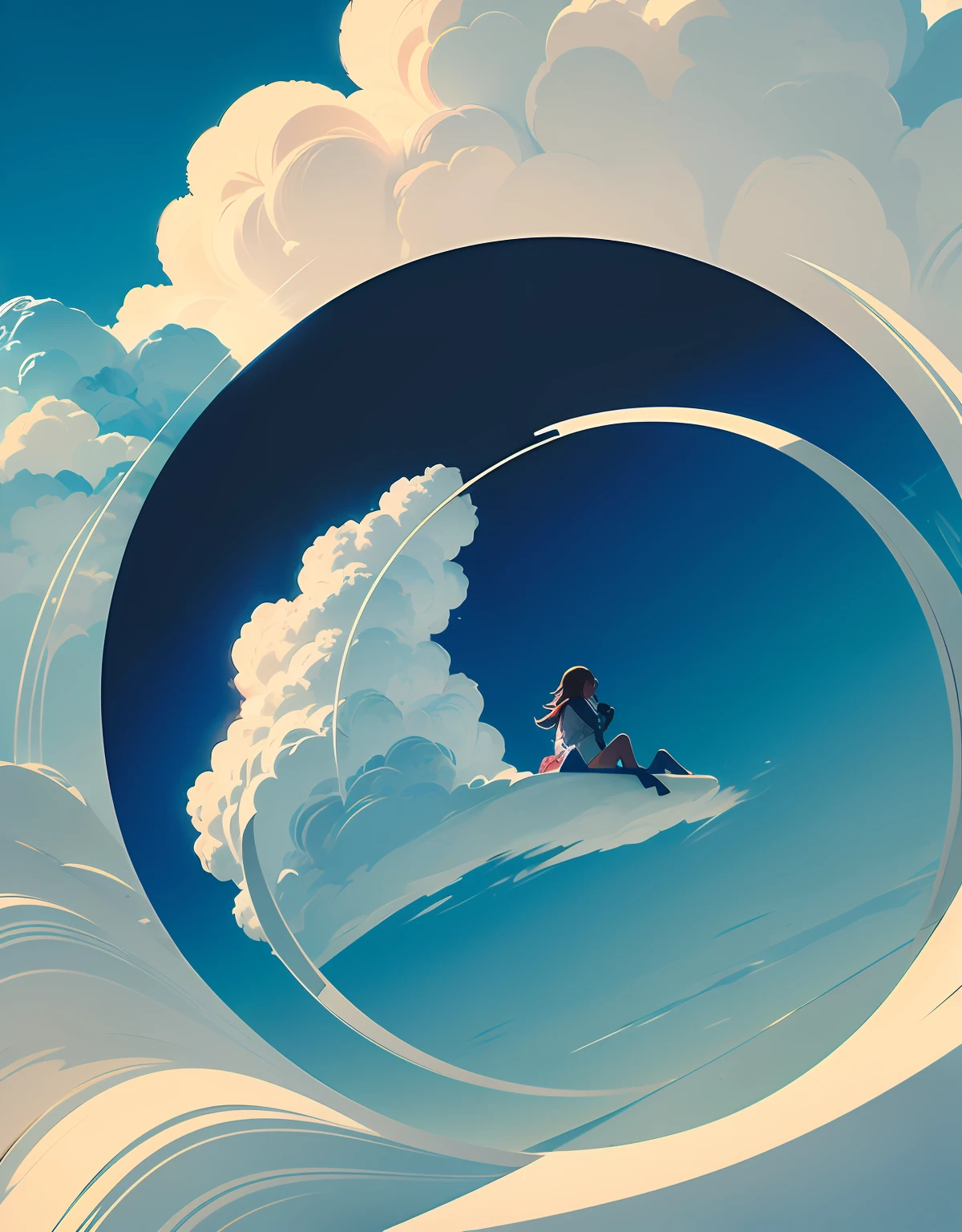 masterpiece, best quality, movie still, 1girl, floating in the sky, cloud girl, cloud, (close-up:1.1), bright, happy, fun, soft lighting, (Bauhaus, shapes, lines, abstract:1.1) --auto