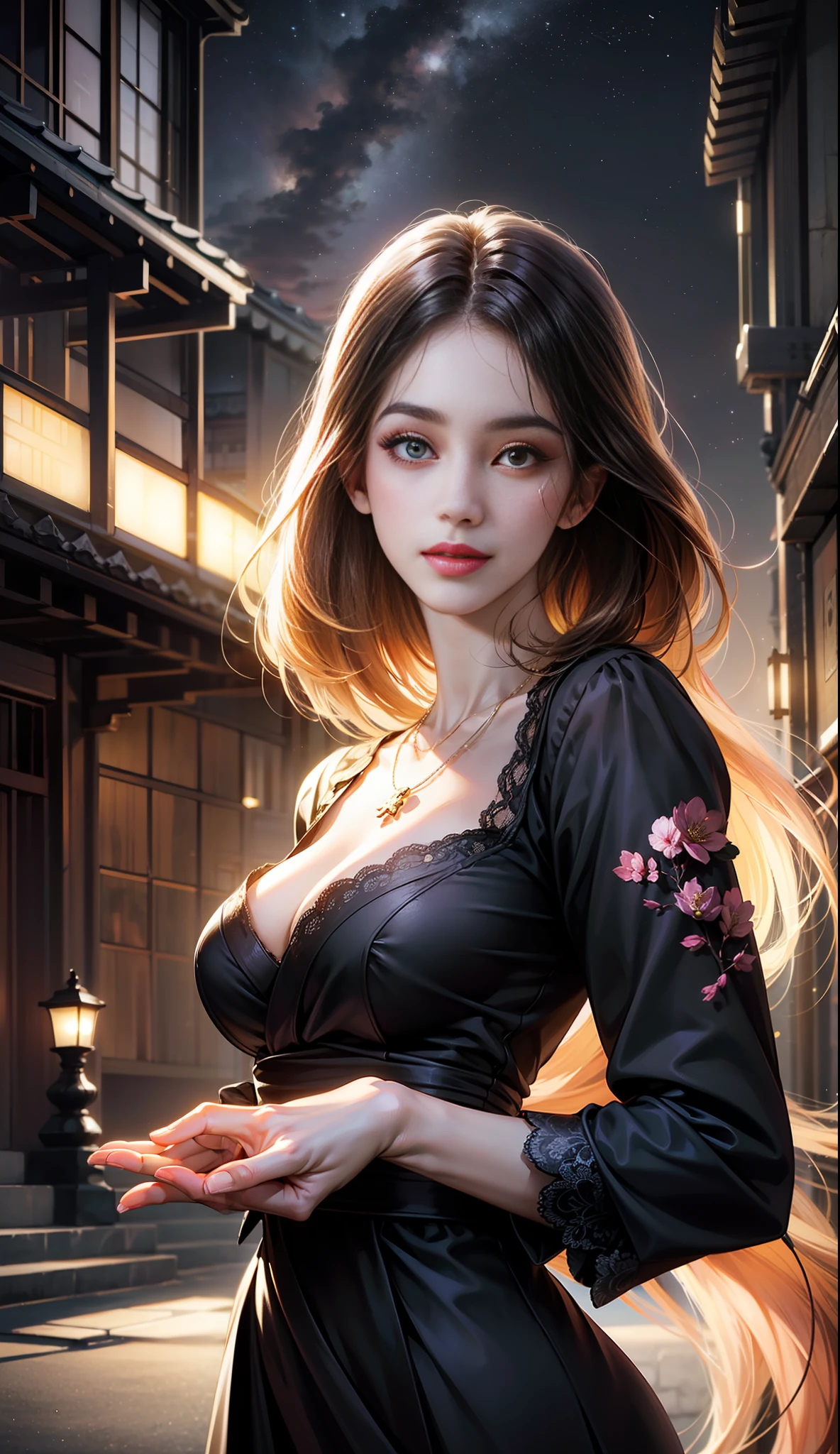(absurd, high resolution, super detail), face close-up, face emphasis, face-oriented, single woman, 22, 18, long straight hair, shiny beautiful hair, beautiful skin, luscious skin, beautiful eyes, big eyes, with bangs, long sleeves, eye highlights, unbroken hands, rich lighting, large breasts, pale pink lips, high Uniform 8K wallpaper with fine CG, attention to detail, portrait, gaze, solo, half shot, detailed face, slightly smiling, dynamic pose, (Contemporary Japanese Subject: 1. 1), contemporary clothing, black dress, black gloves, lace dress, contemporary theme, (Thriving Civilization: 1.1), (Pure White (Modern Japanese Subject: 1.1), Buildings, Neon, Cyber Neon, Japanese Landscape, Fantastic, Romantic, Dance of Light, Severity, Night, Darkness, Stars, Portrait, Film Lighting, Necklace, Date Scene