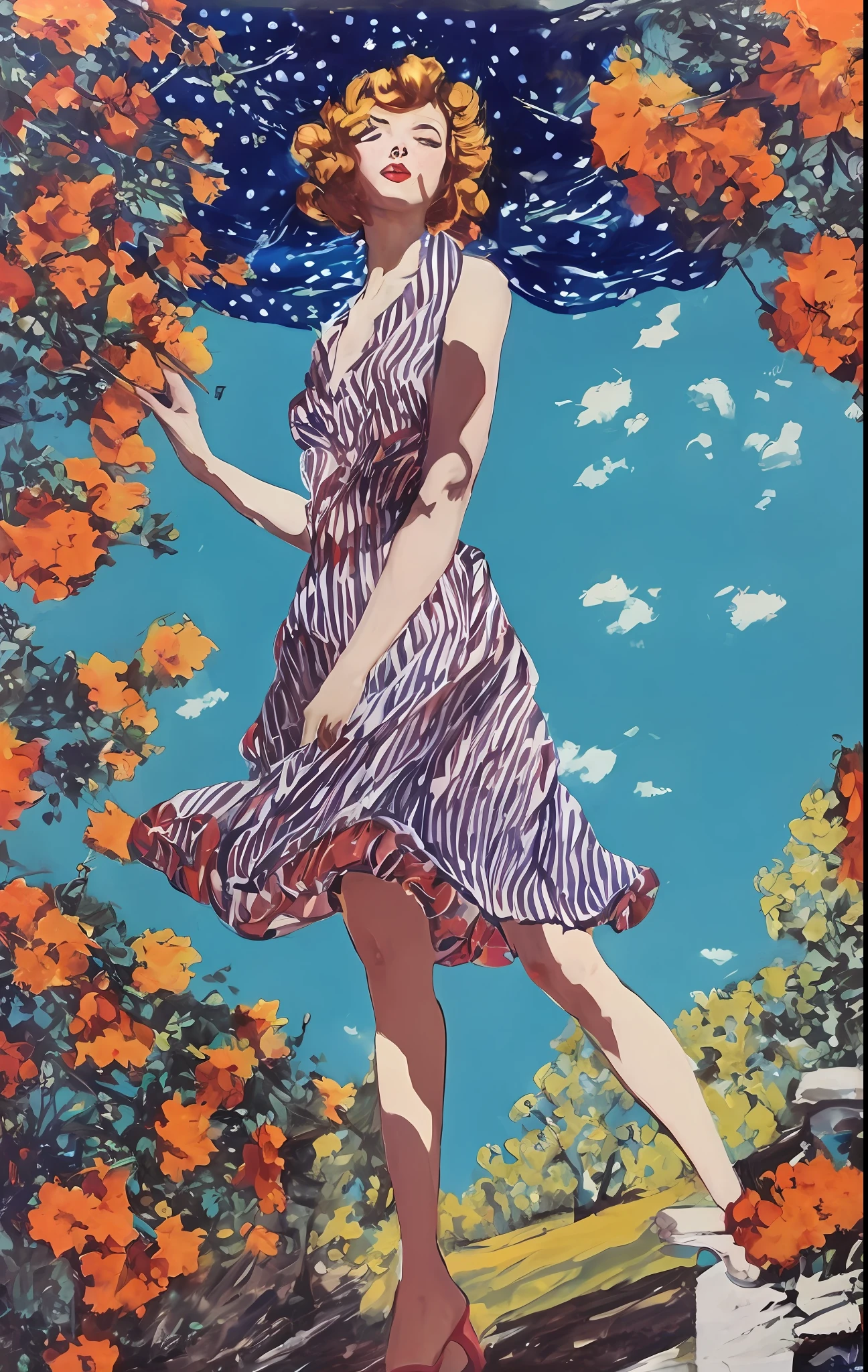 painting of a woman in a dress and hat standing in a garden, inspired by Naomi Okubo, inspired by Konstantin Somov, woman in flowers, inspired by Eugène Grasset, by Naomi Okubo, girl in flowers, by Shinoda Toko, by Pamela Ascherson, dressed in a flower dress, by Yamagata Hiro