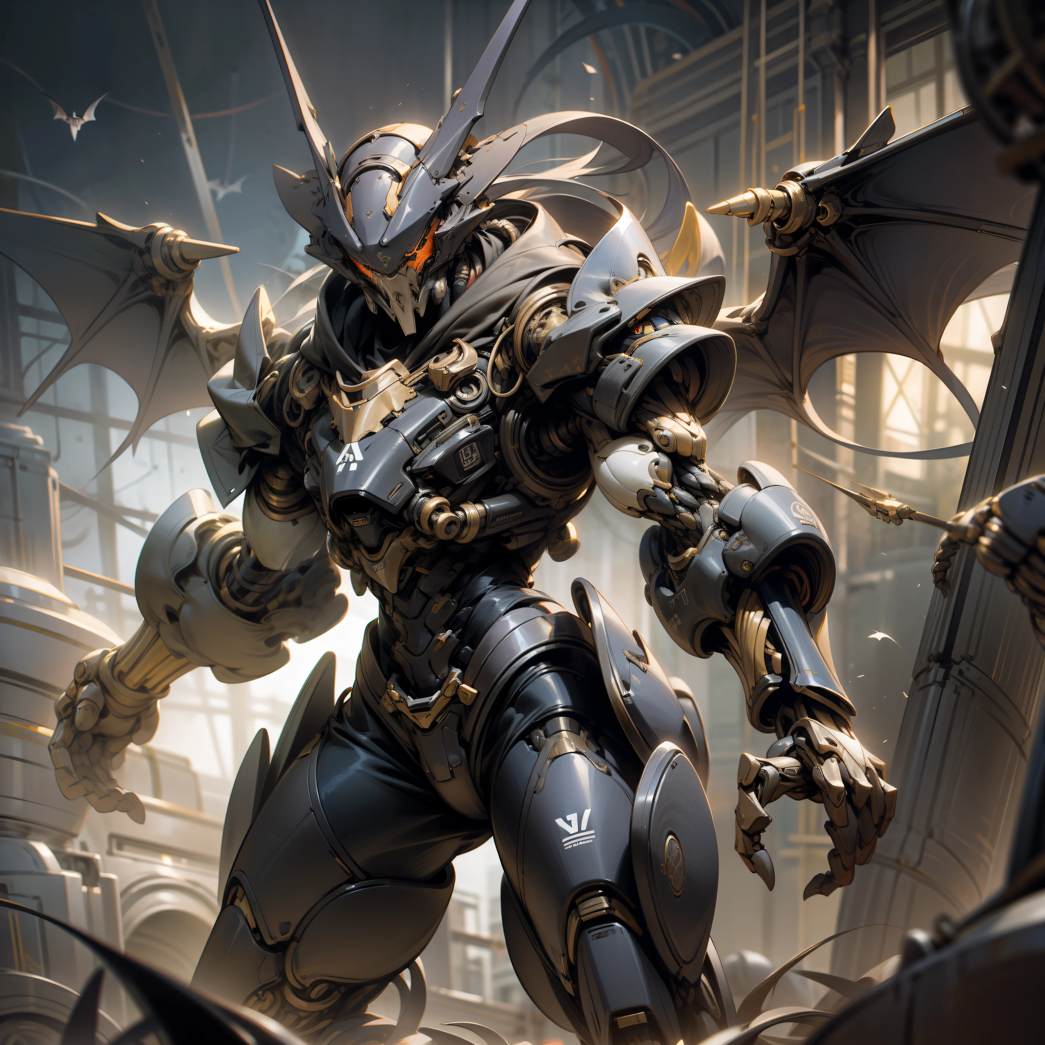 Black biomechanical humanoid beast, 9 metros de altura, Cuerpo esbelto, piernas de elefante, Brazos corpulentos, Biomechanical giant wings, Bat head, enormes ojos rojos, postura amenazante, volando en la noche