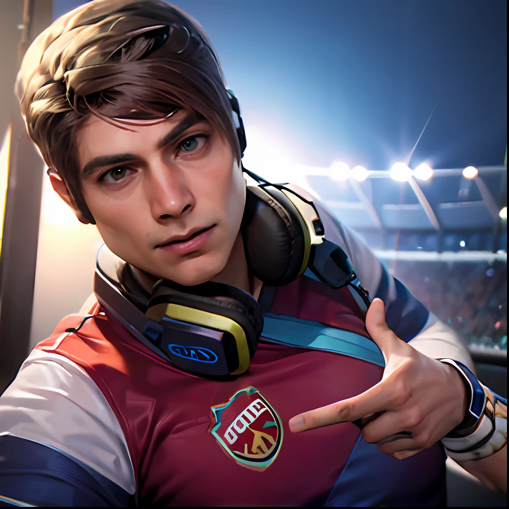 there is a man with headphones on pointing at something, Streamer do Twitch / Jogador futebol, foto de perfil 1024px, foto estadio futebol, headshot, usando fone de ouvido para jogos, Finnstark, usando um fone de ouvido para jogos, Streamer do Twitch