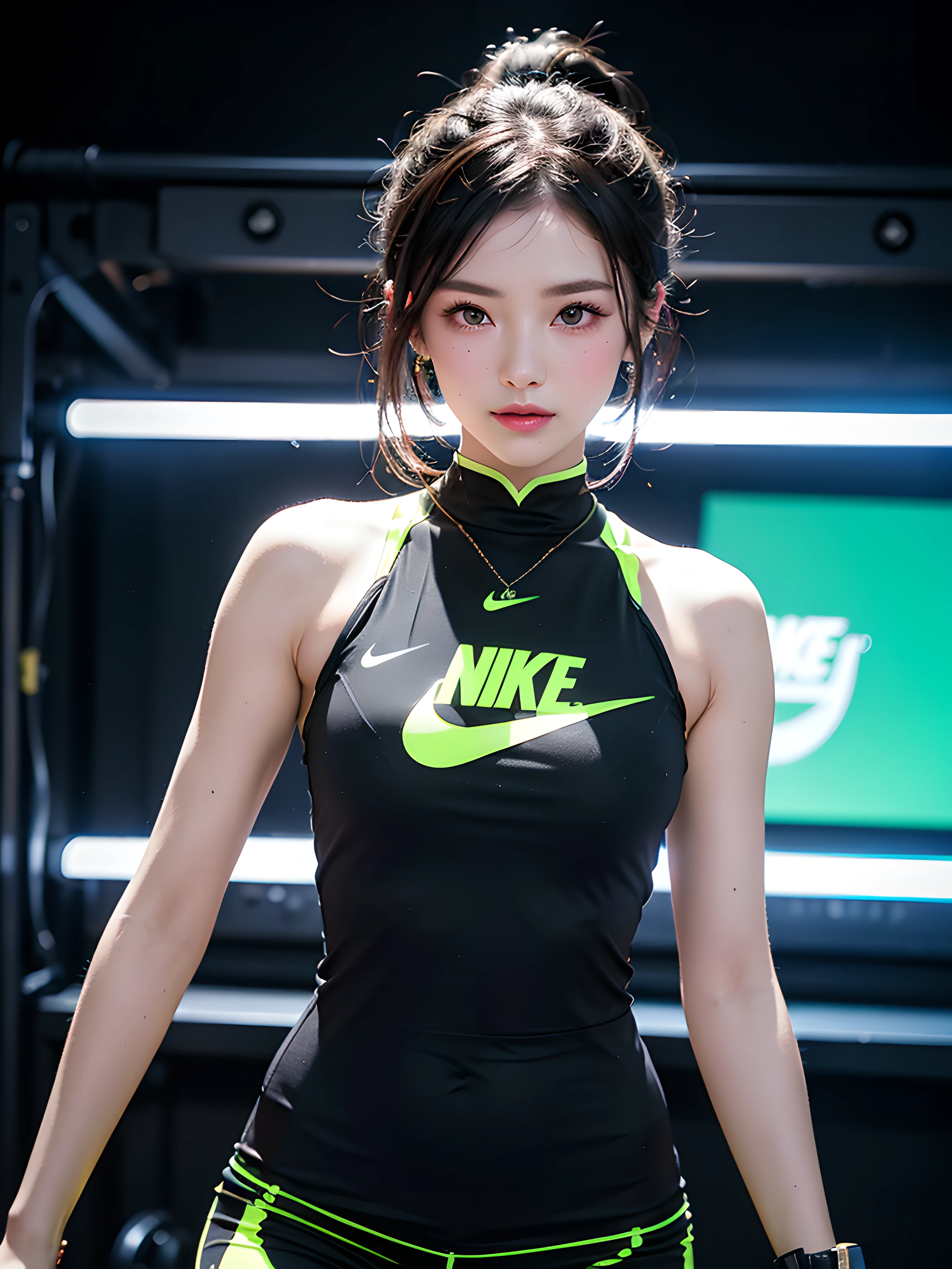 Best quality,The Masterpiece,Ultra-high resolution fills the picture,Indoor at night,Neon lights,Banana yellow color scheme,Rich banana yellow,Yellow,Yellow and black tights,short miko skirt,Sportswear,Brand sense,Metallic liquid black color matching garment,complex backgrounds,Weight instruments in the background,High-tech screen in the background,Lateral face,Smiling,Dress less,There are fitness elements in the rear,nike,nike,nike,Tech gym,Perfect makeup,Love eyes,8K quality,Cyberpunk,sense of science and technology,Character backlighting,rim-light,Movement changes,Flowing hairstyle,Loose hairstyle,The number of fingers is refined,6 avatar diagrams,Luminous stud earrings,Luminous digital necklace,Electronic digital watches,The most beautiful girl in mankind,Dye hair,Delicate close-up of the face,Realistic image quality,Super light and shadow,Very good figure,meticulous,Arrow symbol,Brand sense,English slogan neon,Runway lights,Fitness gym at night