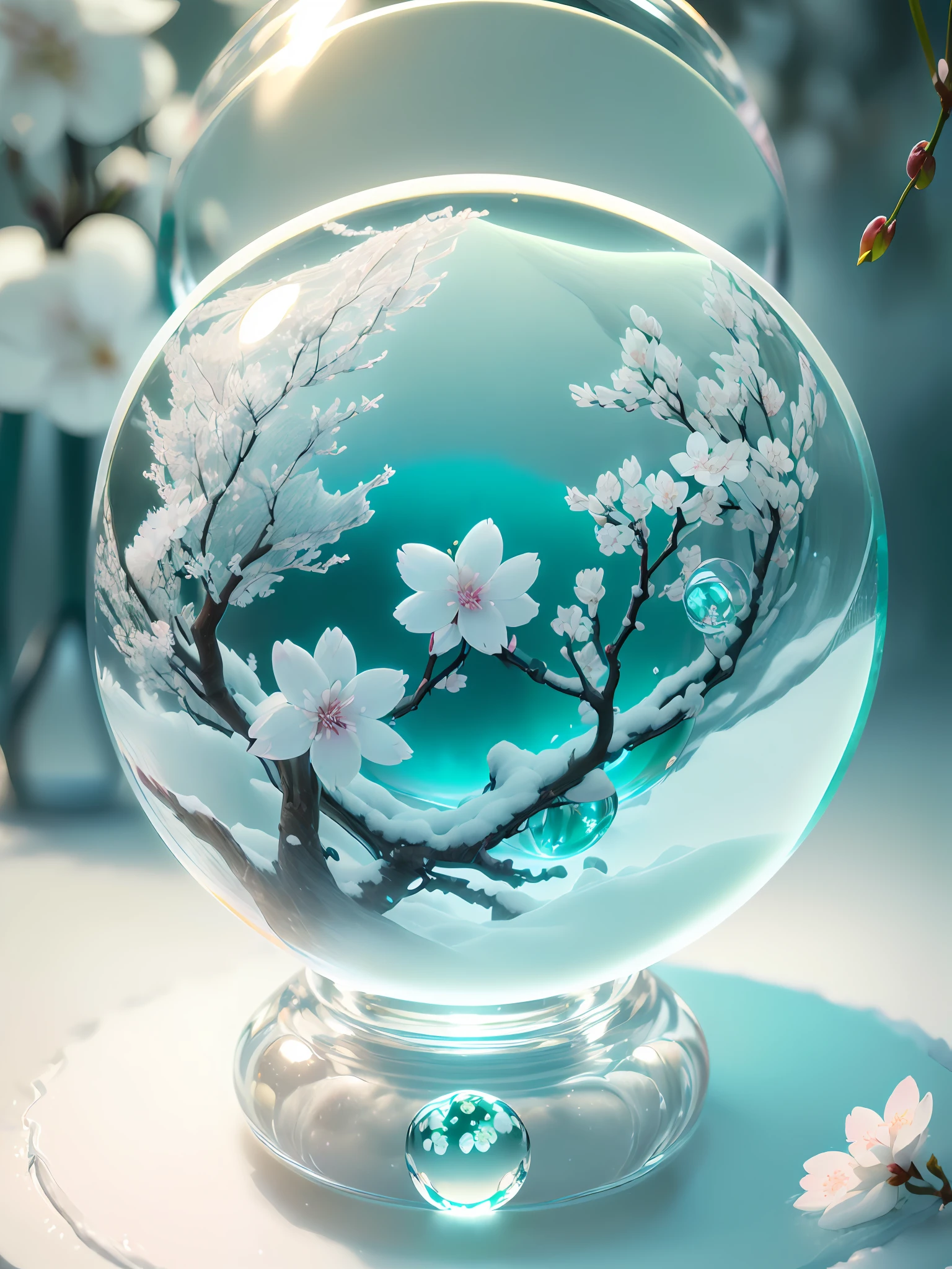 Hyper-realistic、16K High Resolution、(Maximum Sharp Focus:1.3)、(Maximum Close-up:1.5)、(Enlarged white cherry blossoms trapped in a crystal ball with a pedestal on a table:1.7)、(White fog、Green leaves、aqua、White snow、blue back light、Harsh winter:1.5)、