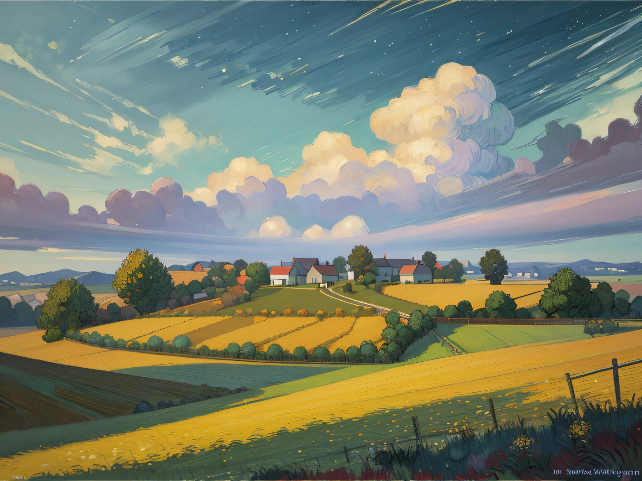 Draw a field，There is a lone tree in the middle, low detailed. Digital painting, anime countryside landscape, van gogh art style, scenery art detailed, high detail impressionist style, digital landscape art, Detailed digital painting, style of van gogh, painted landscape, very detailed digital painting, high detail digital painting, wind blows the leaves, painting illustration