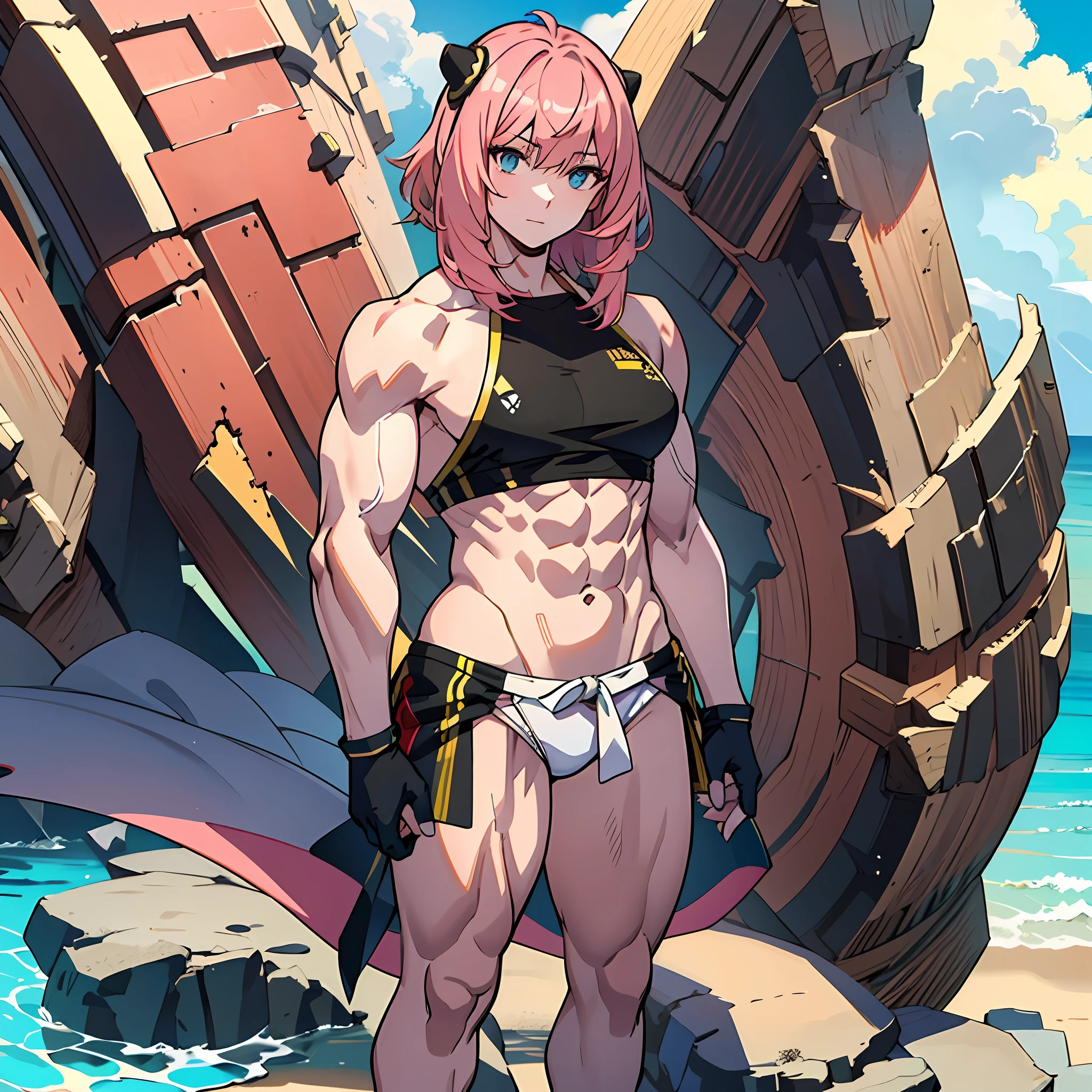 "A tall and muscular man stands, upright, with a beachwear outfit, perfect abs, fair skin, and shoulder-length pink hair,anime, realistic,Anya,cute face like woman,man's body