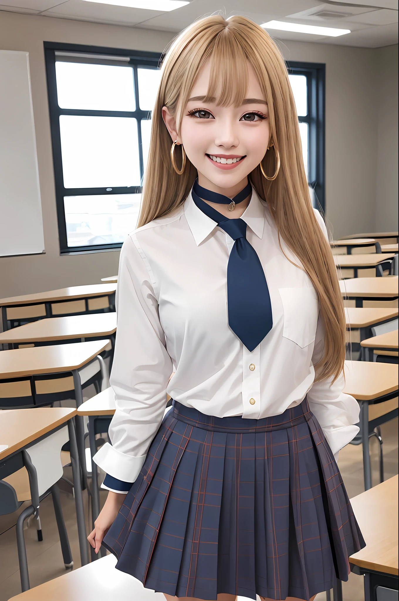 masterpiece, best quality, highres, kitagawa marin, 1girl, blonde hair, long hair, multicolored hair, red eyes, jewelry, earrings, piercing, school uniform, white shirt, tied shirt, black choker, blue necktie, plaid skirt, grin, smile, standing, cowboy shot, classroom,