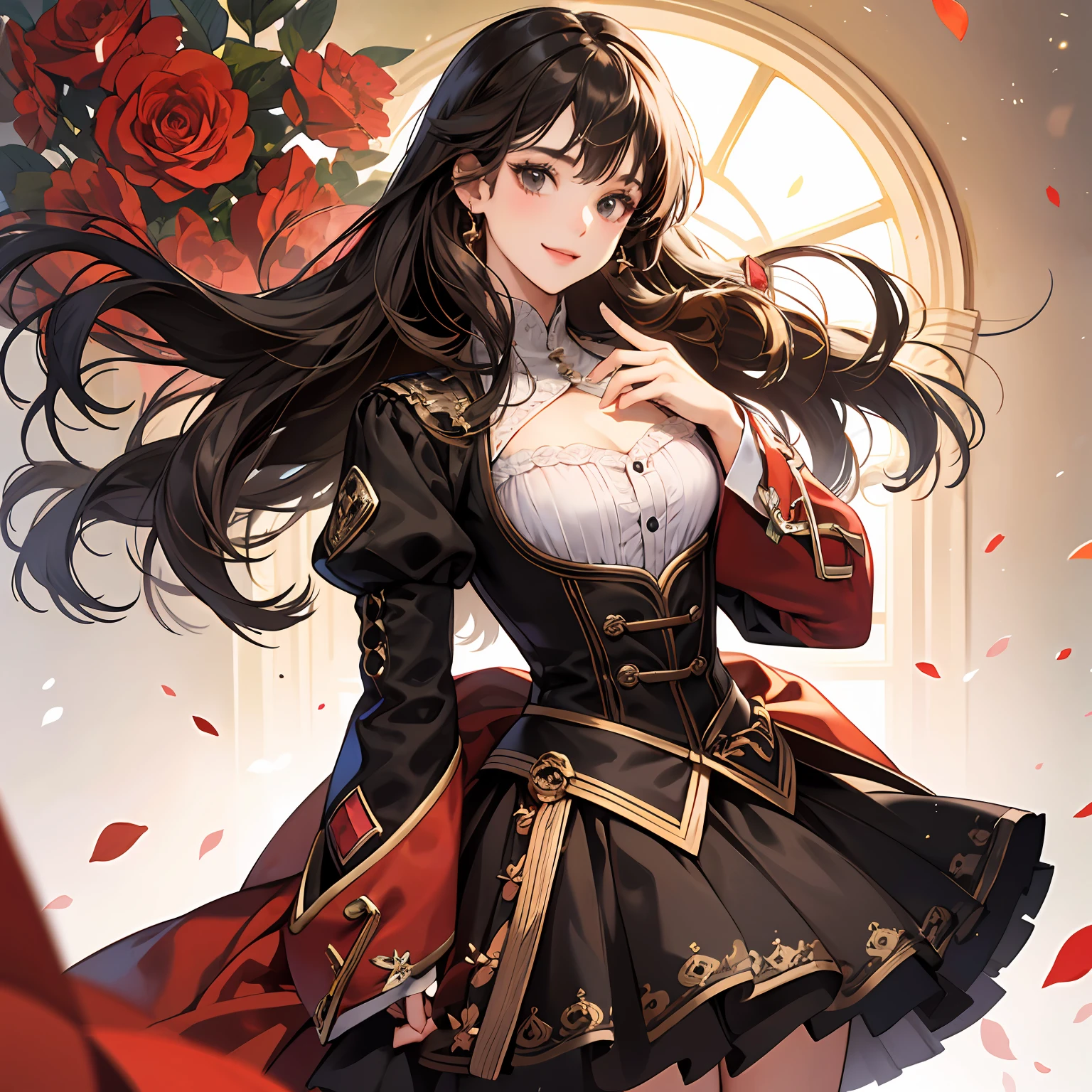 maximum quality、extremely detailed、Meisterwerk、Ultra-detail、The girls、Delicate eys、brunet、Black eyes、Long hair、Sorrisos、big chest、Panchira、Entire body skirt Red and black