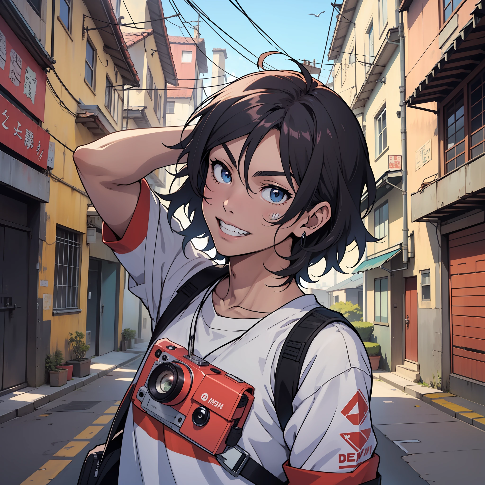 ((Masterpiece)), ((melhor qualidade)), ((Estilo de perfil de anime)), ((HD 4k)), ((Personagem de anime)), ((face masculina)), menino, tom de pele claro , Feliz, sorriso, ((dentes aparecendo)), olhos, sobrancelha, orelha, messy short straight hair, moletom, background scenery, camera in the hands, mochila nas costas, viewer's view