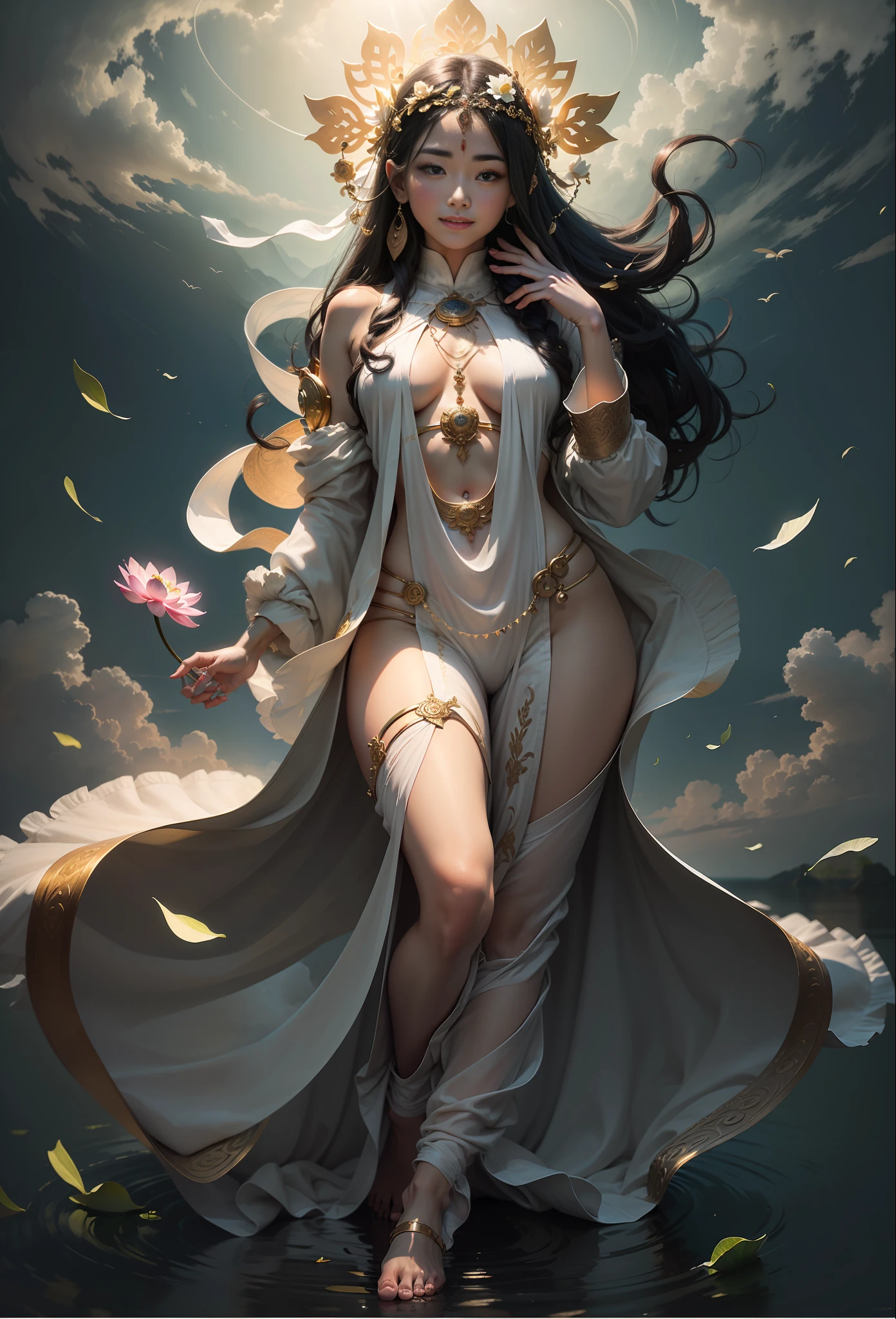 The Masterpiece,ultra-highresolution,The beautiful goddess Bodhisattva stands above the white clouds,Lotus in hand,The corners of his mouth smile slightly,Yingluo,little chest,Barefoot,White robe,White robe,(Short clothing),Remove the back skirt,The light is soft, bright and natural,Clean picture,The background is a flat sky,(Cloudless),halo,Photographic effects,superclear,