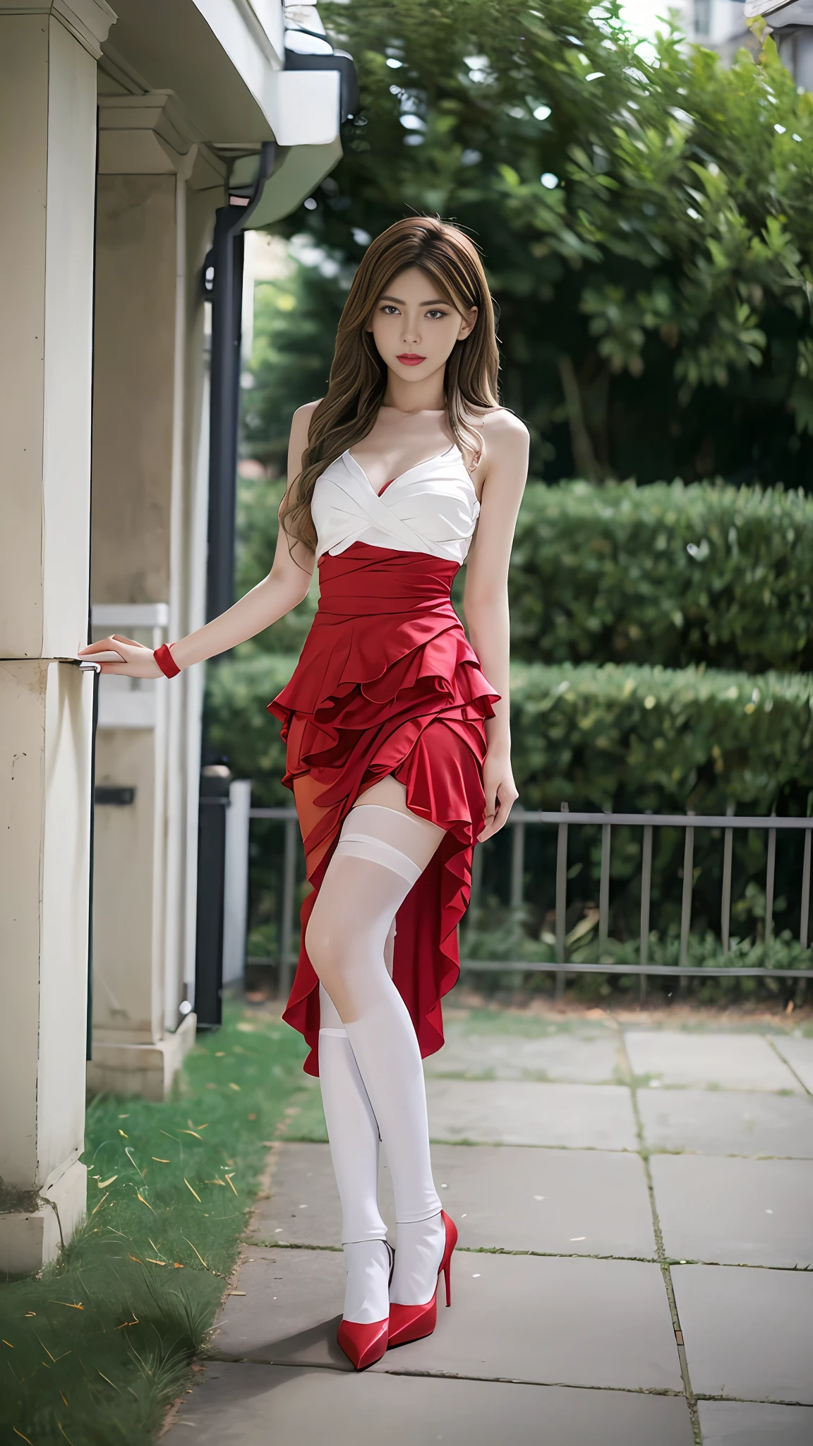 ((best qulity, 8K, The Masterpiece:1.3)), focal point:1.2, perfect figure beautiful woman:1.4, , ((Cut hair in layers, Beautiful breasts:1.2)), (The clothes:1.1) , (, street:1.3), red dress:1.1, Highly detailed facial and skin texture, detailed eye, Double eyelid，Whiten skin，White long hair，White long red stockings with long legs