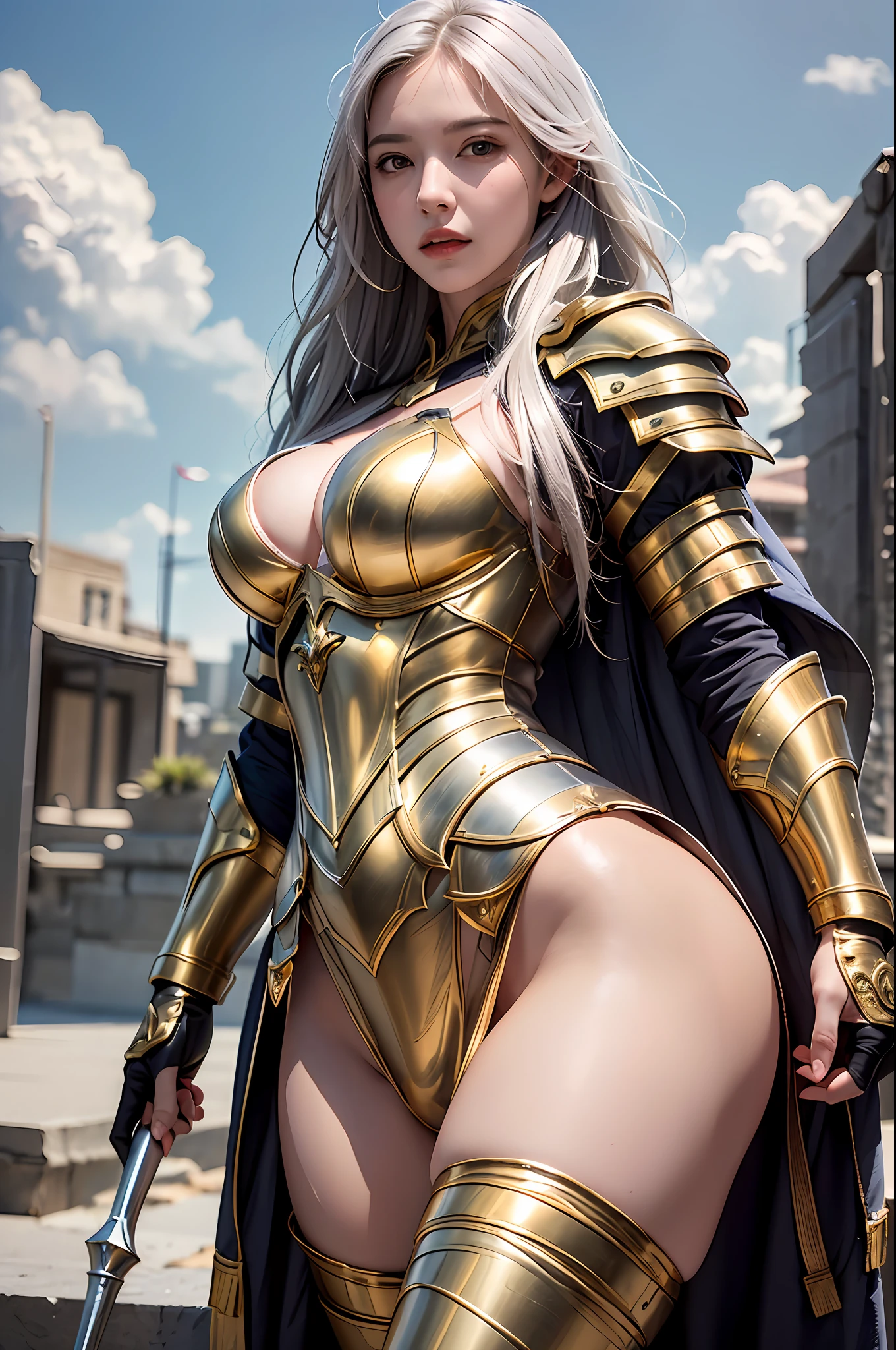 best quality, masterpiece, ultra-detailed, detailed light, (RAW photo:1.2), (photorealistic:1.4),(masterpiece:1.3),(best quality:1.4) 1girl, detailed face, solo, hips up, long hair, sky, dress, armor, cloud, full armor, gold armor