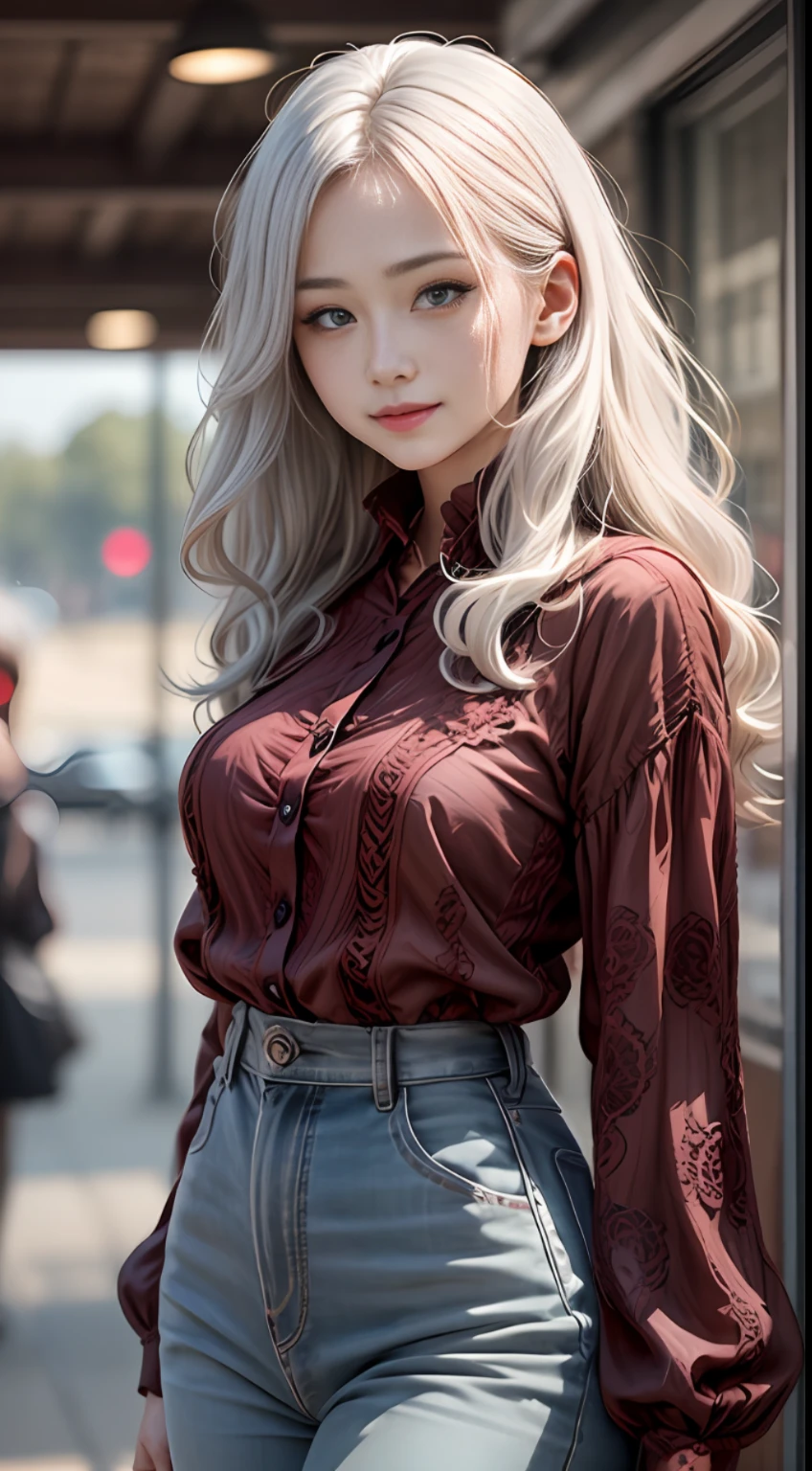（（Realistic lighting，best qulity，8K，The Masterpiece：1.3）），1girls，Small moles under the eyes，Smile with，Detailed eyes，Beautiful woman with a slim figure：1.4，Korea，wan，（Floating wavy silk gray-white hair，Breezy hair，medium_breasts：1），Red women's lace shirt：1.2，Long sleeves are winded， standup，  Ultra-detailed face， delicate eye， Double eyelid， shinny skin， Cowboy shooting