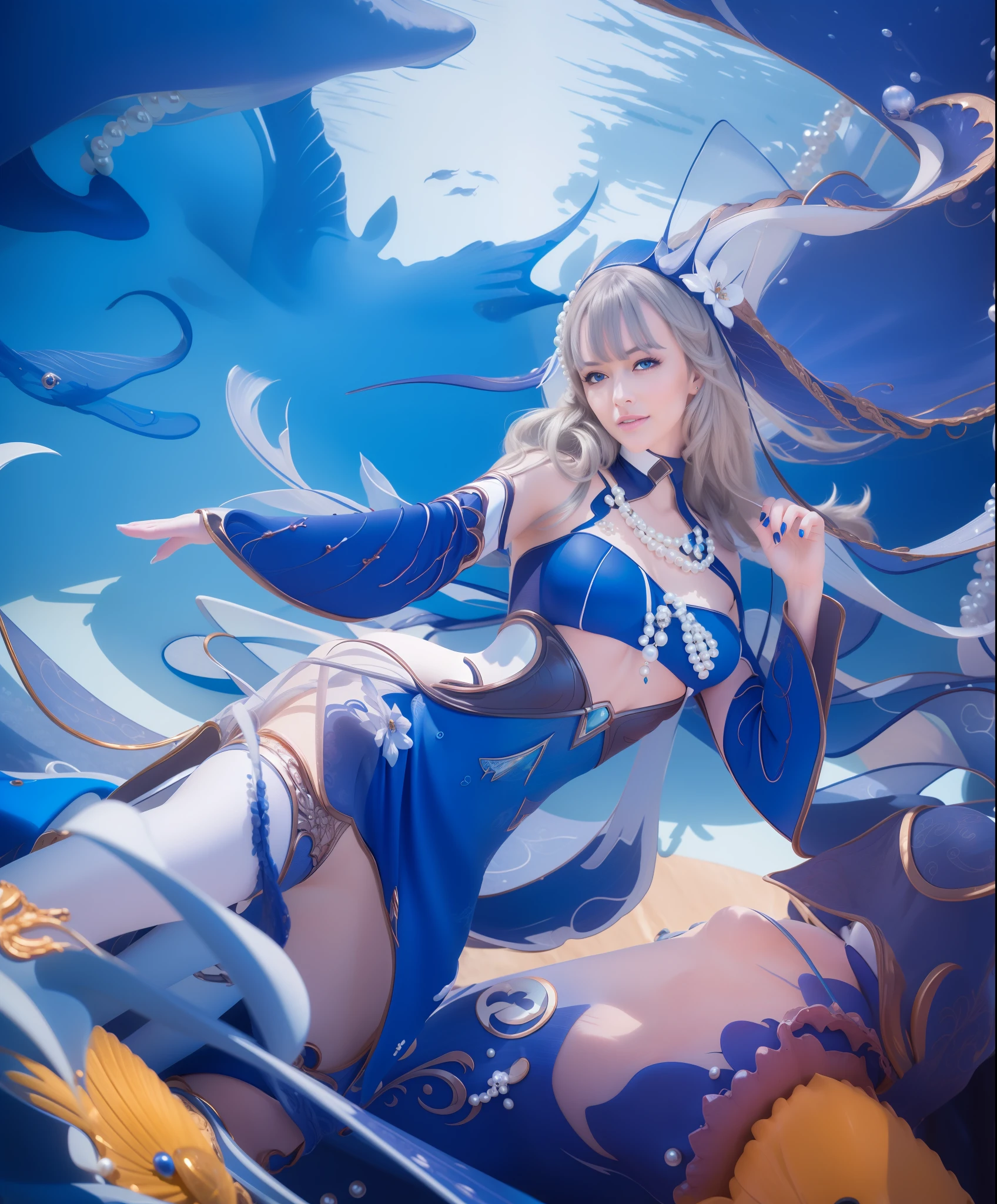 Woman, beautiful face, smile, blue eyes, Sexy blue dress, long white hair with perfect pearl necklace, ultra realistic, photorealistic, masterpiece, detail, Under the sea, perfect face, high heels