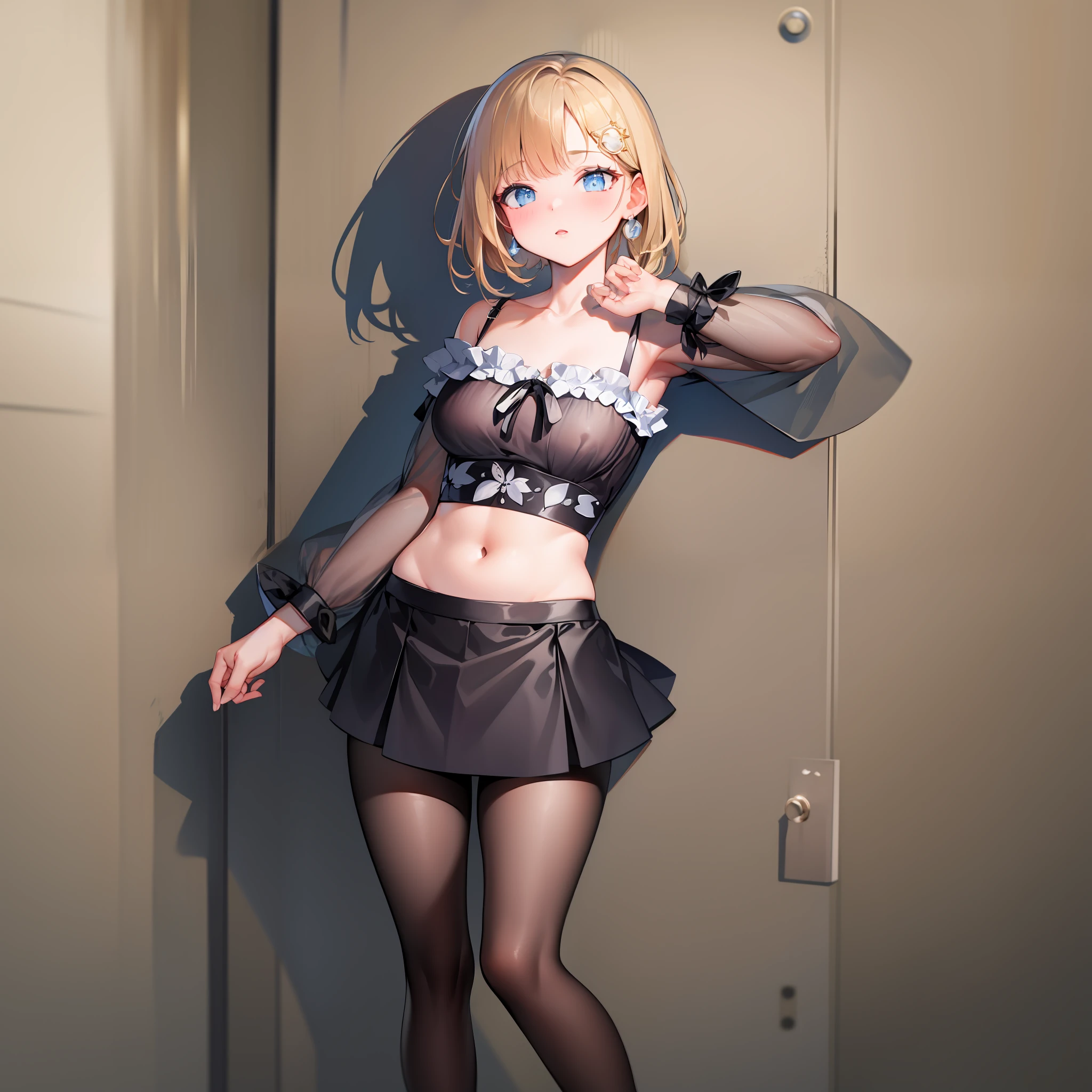 ((Masterpiece)), (Best Quality), Amelia Watson, amelia_casual, frilled shirt, collarbone, black skirt, pantyhose, (NSFW: 1.5), full body, solo