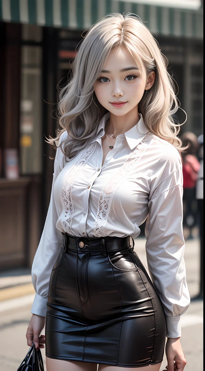 ((Realistic lighting,best qulity,8K,The Masterpiece:1.3)),1girls,Small moles under the eyes,Smile with,Detailed eyes,Beautiful woman with a slim figure:1.4,Korea,wan,(Floating wavy silk gray-white hair,Breezy hair,medium_breasts:1),Red women's lace shirt:1.2,Long sleeves are winded, standup, Ultra-detailed face, delicate eye, Double eyelid, shinny skin, Cowboy shooting