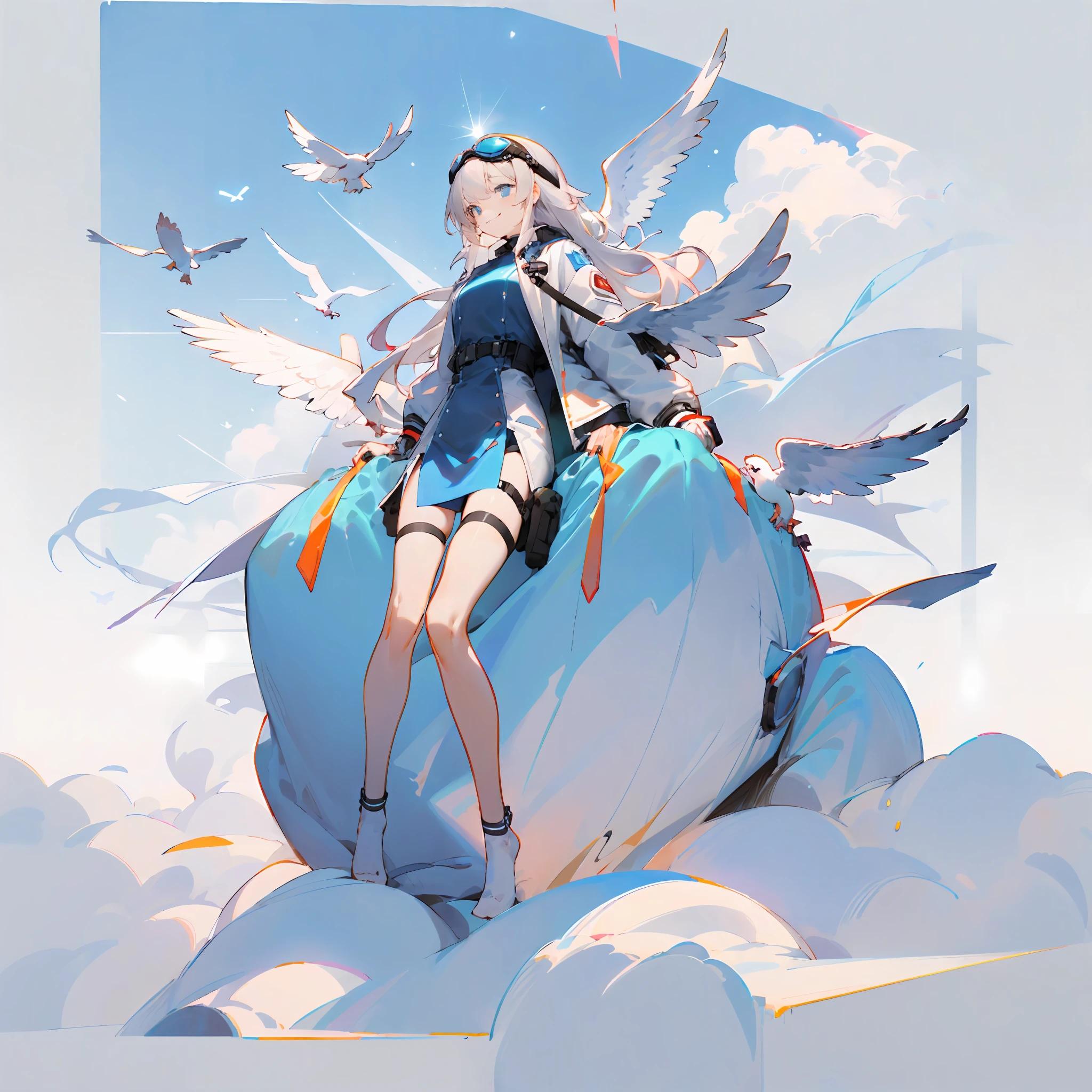 （White cloud background)，[[(White background:3) ::5]]，（isometric：1.0），Large area of blank，（Delicate face and beautiful eyes），simplebackground， 1girls， middle shot， (fully body)， Cloud splash，  skies， light particules，(White long hair)，Near-future cyberpunk jacket，blue eyes，Standing painting style，Tall，Gentle smile，Fluttering feathers，Leg straps，Dove，goggles on head，Dynamic，sitting​