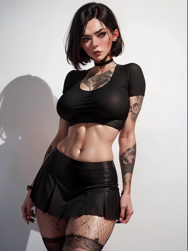1girl, the best qualityt, expressive eyes, picture-perfect face, bob-wig, huge breast, Choker, multicolored_hair, blue eyes, Adult woman, Milf, black hair, An indifferent face, sfm, eyebrow piercing, Ear piercing, Belly Button, dangling breasts, Full-body shot, sneakers, tights in a mesh, fishnet tights, makeup, dark lipstick, pleated skirt, black nails, tattoo on arms, irezumi, whitebackground, open waist, (perfect symmetrical body), ((black crop top)), Worth, Gothgirl, Bending