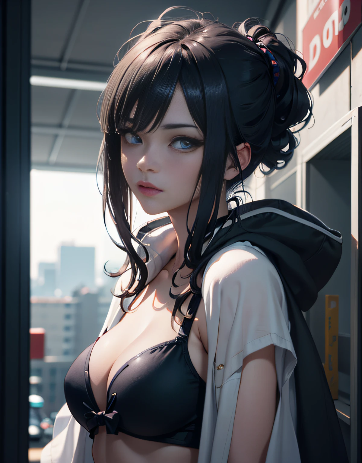 anime - style woman in a black and white outfit posing in front of a building, Glossy skin、Slender、cinematic bust shot,Big breasts wrapped in white see-through bikini、Bust-up、Perfect beautiful face、 3 d render character art 8 k, detailed cinematic render, 4 k detail fantasy, fantasy style 8 k octane render, 8k portrait render, ross tran 8 k, 2. 5 d cgi anime fantasy artwork, hyperdetailed fantasy character, elegant cinematic pose