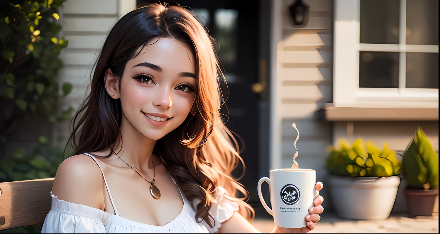 a pretty girl, sorrindo, olhando para a lente da camera, holding a coffee cup --auto