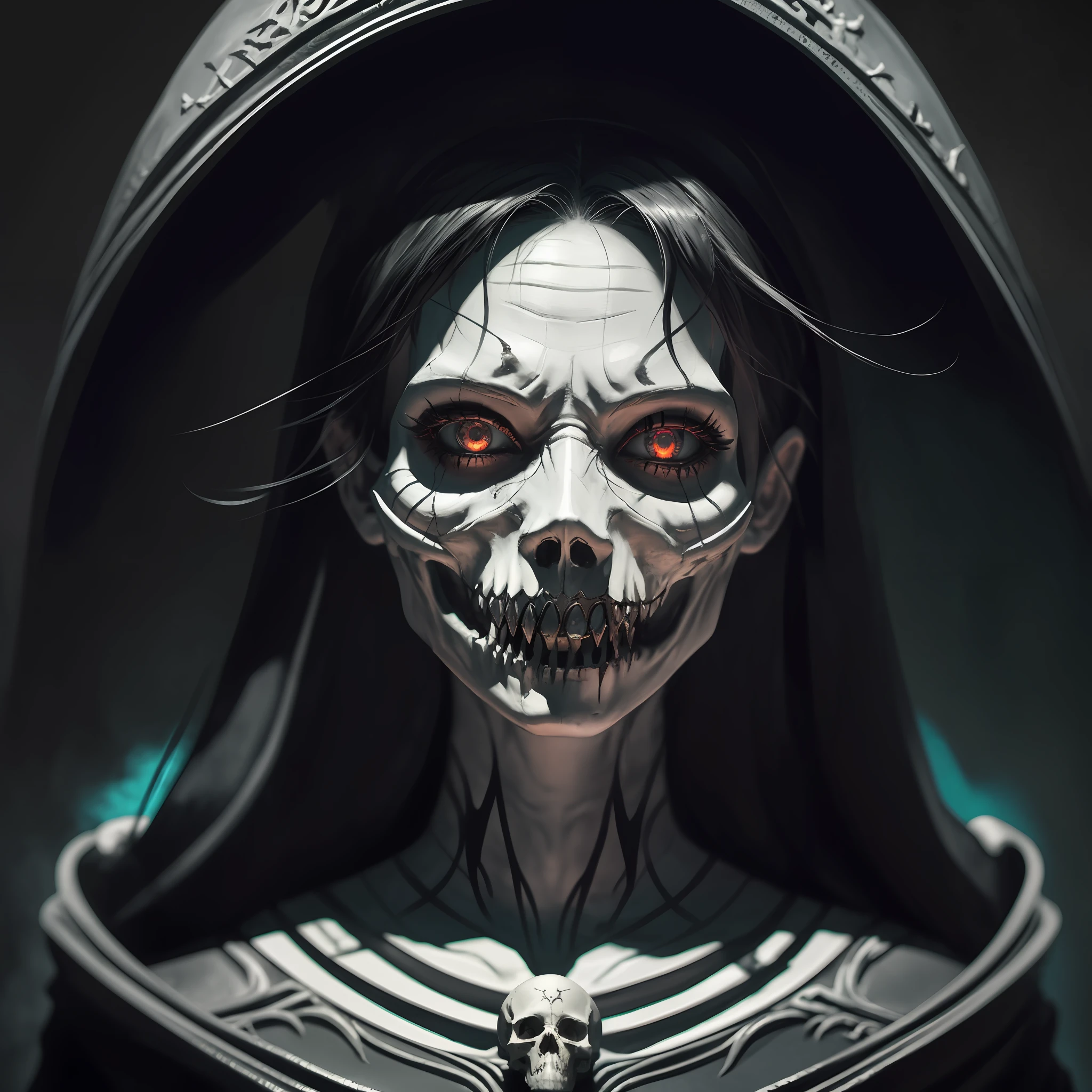 arafed woman with a skull face and a hood on, dark but detailed digital art, detailed 4k horror artwork, zbrush contest winner, 4k highly detailed digital art, portrait of a female necromancer, portrait of a holy necromancer, eerie highly detailed, gothic wraith maiden, painted in zbrush, cgsociety contest winner!!!